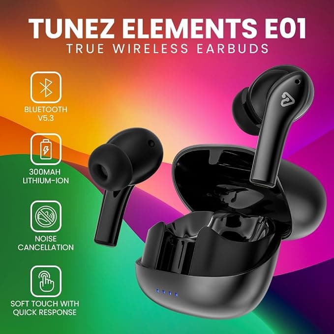 tunez Elements E01 True Wireless Earbuds - Bluetooth V5.3, 36 Hours Music Time, 40 Hours Play Time, Quad Mic ENC, 3C Fast Charging, Soft Touch Type, 10mm Drivers (Black)