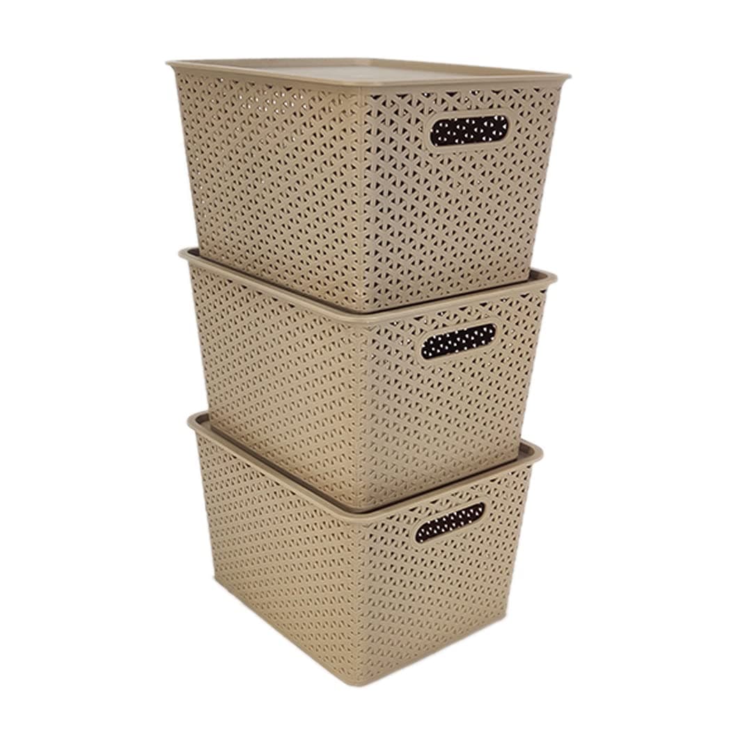 HomeStrap Set Of 3 Plastic Storage Organizers/Baskets With Lid For Kitchen, Clothes, Multipurpose Vegetables, Toys, Books, Office, Stationery, Wardrobe(Large| Biscuit, Rectangular)