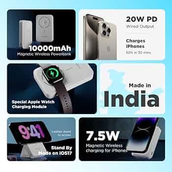 Stuffcool Click Duo 10000mAh Magnetic Wirelsss Powerbank for iPhone 15/14/13/12 with Apple Watch Charging Featuring Type-C Port PD 20W to Charge iPhon...