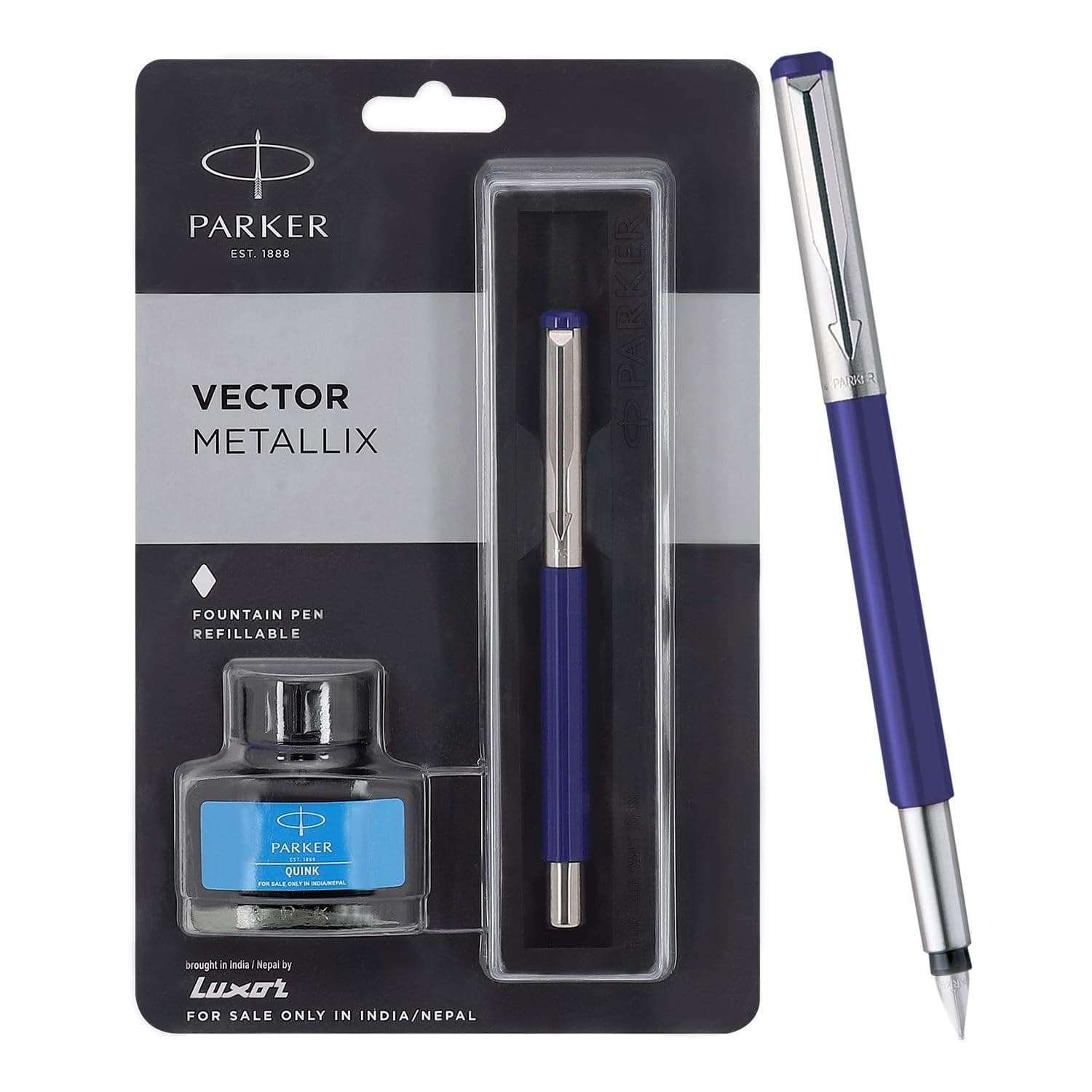 Parker Vector Mettalix Fountain Pen (Blue) with Free Blue Quink Ink Bottle