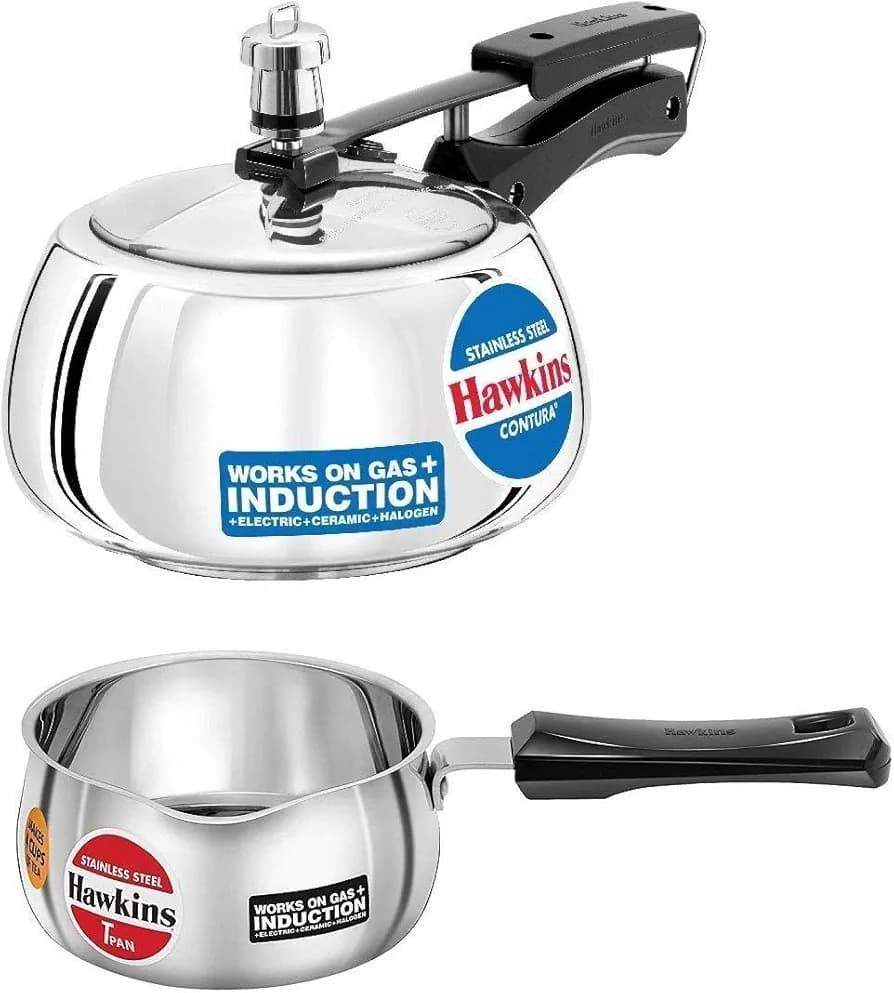 Hawkins Stainless Steel Contura Pressure Cooker, 2 L and Tpan/Sauce Pan 1 L (Silver) -Set of 2