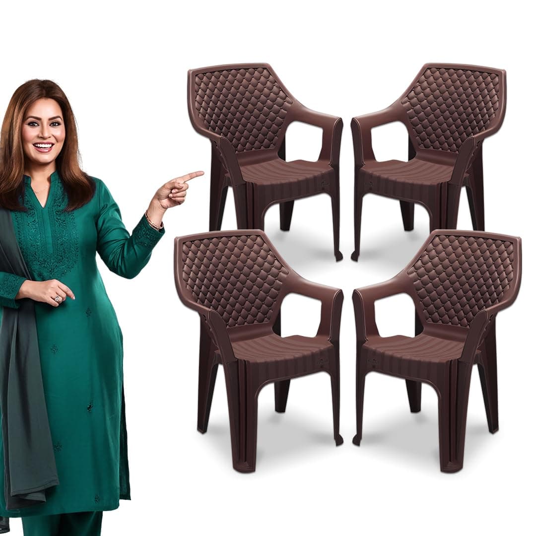 MAHARAJA Alpha for Home, Office | Comfortable | Arm Rest | Bearing Capacity up to 200Kg Plastic Outdoor Chair (Brown, Set of 4, Pre-Assembled)