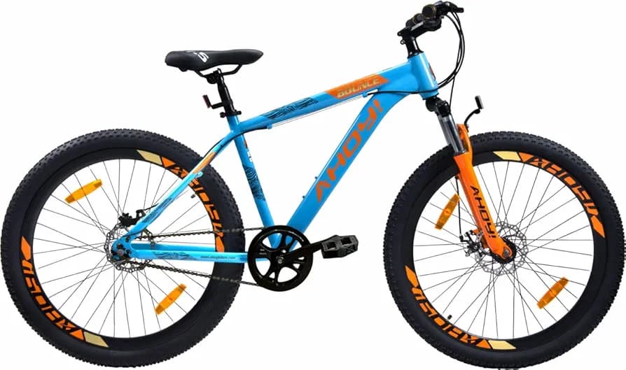 AHOY! Bounce Mountain Cycle Non Gear Cycle 27.5T | Mountain Bike for (12+ Yrs) (5.6+ Ft) | Carbon Steel Frame Mountain Bicycle for Men and Women (Blue and Orange Color)