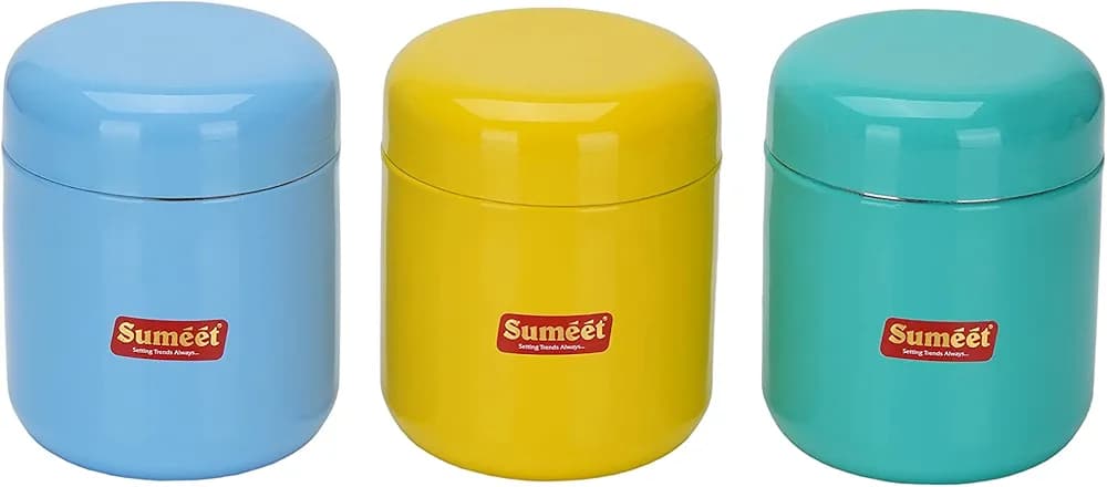 Sumeet Stainless Steel Multi Color Small Canisters/Jars/Storage Containers set of 3Pcs, 350 Ml capacity each, 7.5cm Dia