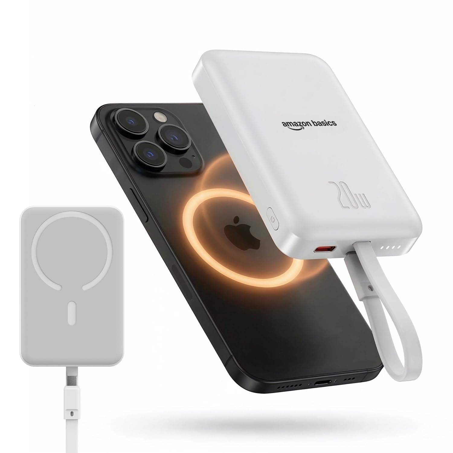 Amazon Basics 10000mAh Magnetic Wireless Power Bank | 15W Wireless Charging & 22.5W PD Output | Built-in Lightning Cable | LED Battery Indicator | Whi...
