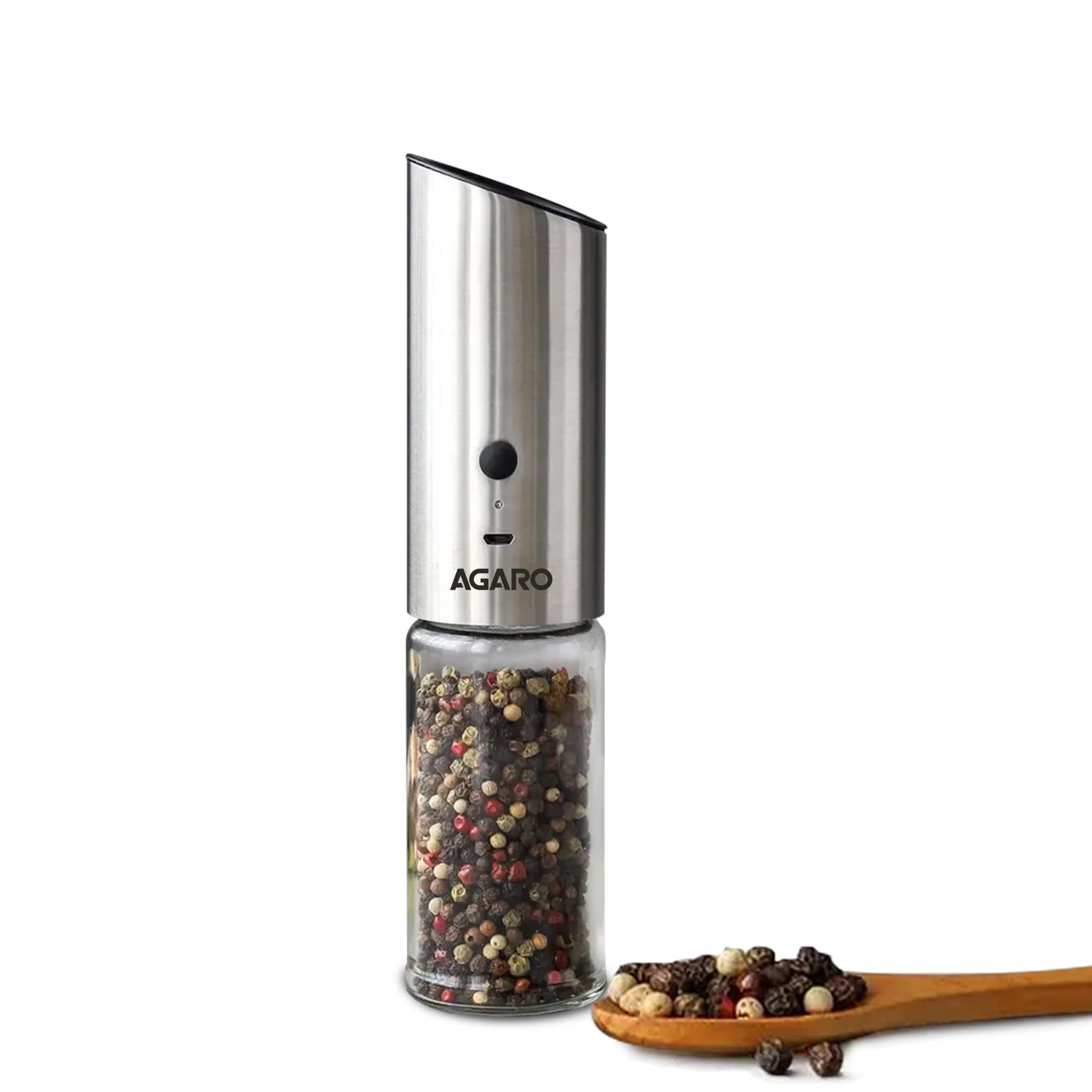 AGARO Gravity Salt & Pepper Automatic Grinder, Refillable,Adjustable Coarseness,Gravity Electric Salt Pepper Mill & Shaker, Rechargeable Stainless Ste...