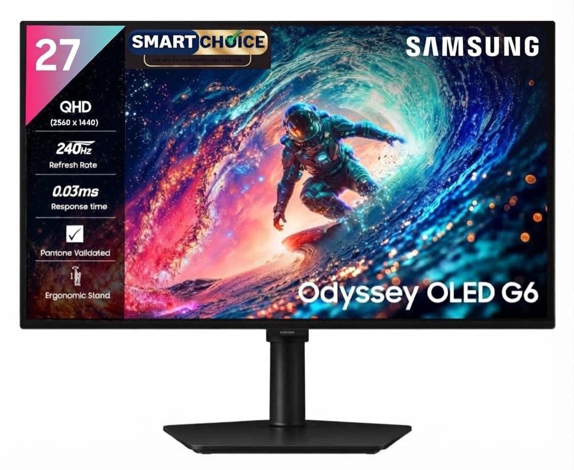 Samsung 27" Odyssey QD-OLED G6 Gaming Monitor(Smartchoice) | QHD 2560 x 1440| 240 Hz| 0.03ms | Ergonomic Stand | Pantone Validated| Glarefree | TrueBr...
