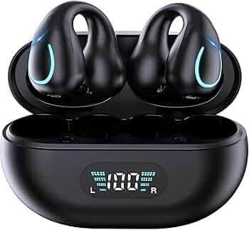 NUPLEA Open Ear Bone Conduction Headphones Clip-on Headphones,Wireless Earbuds Bluetooth 5.3 with LED Display Charging Case 60 Hours Playtime IPX7 Wat...