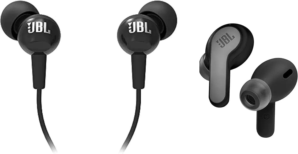 JBL Wave 200 True Wireless in Ear Earbuds with Mic & C100SI Wired in Ear Headphones with Mic, Pure Bass Sound, One Button Multi-Function Remote, Angled Buds for Comfort fit (Black)
