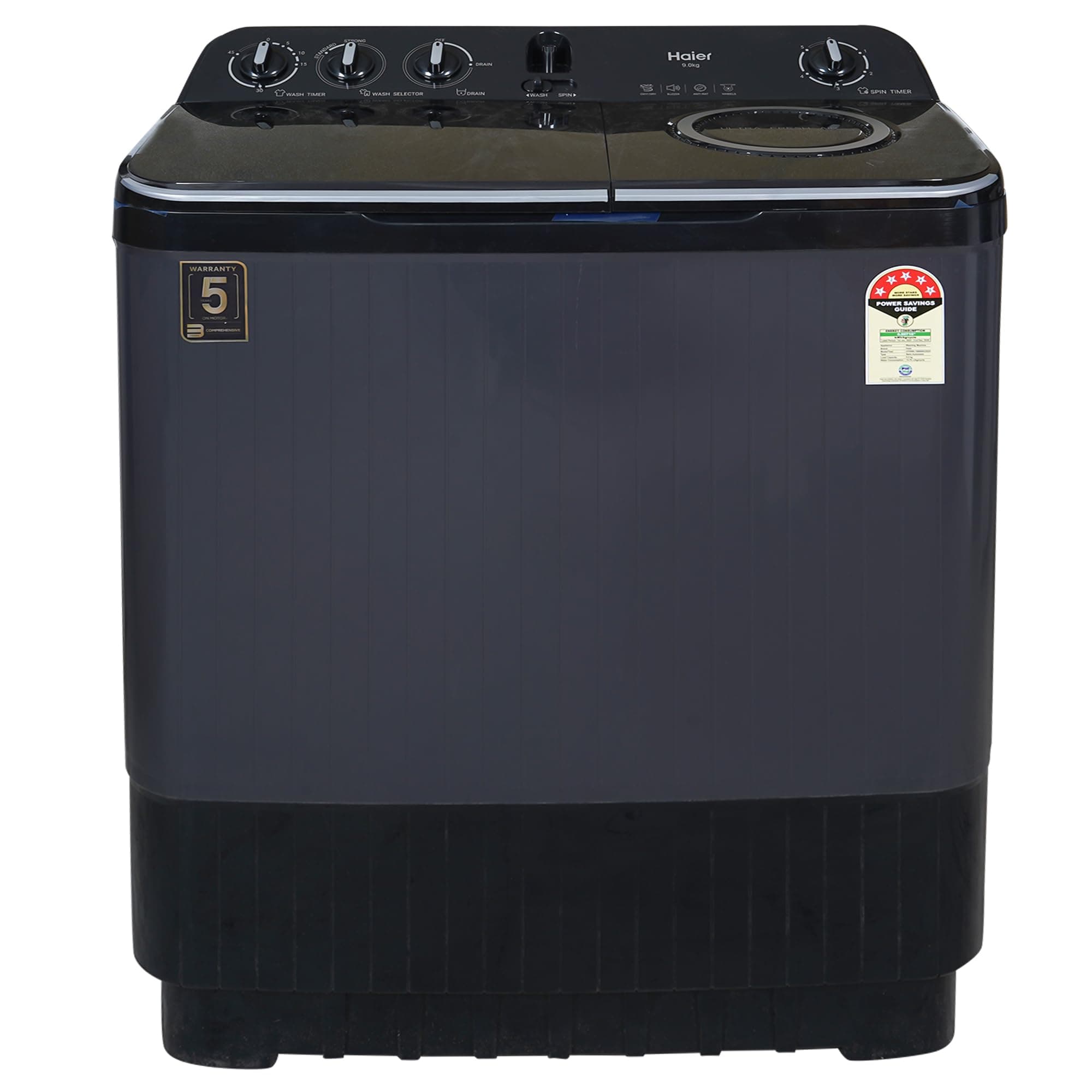 Haier 9 Kg 5 Star Semi Automatic Top Loading Washing Machine (HTW90-196BBK Magic Filter, Rat Mesh, Toughened Glass Top Black)