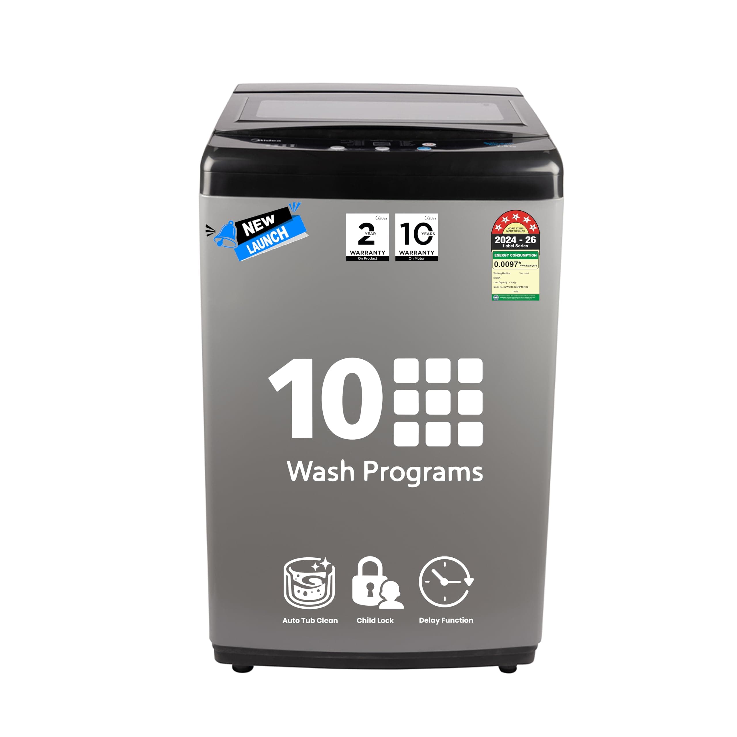 Midea 7.5kg 5-Star Top Load | Fully Auto | Hydrowave Stainless Tub | 10 Programs | 700 RPM | Intelligent Sensors | Auto Tub C
