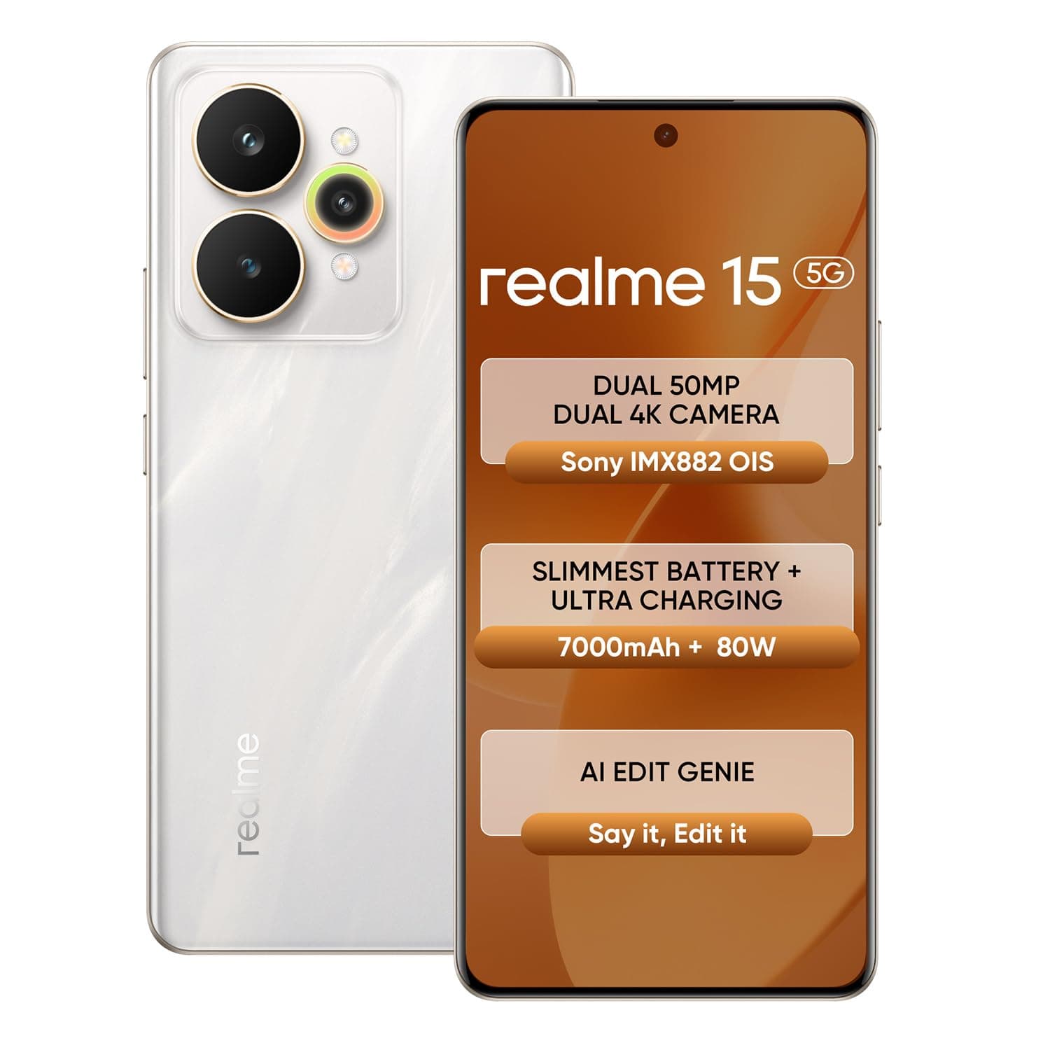realme 15 5G Smartphone 8+128GB Silver,144Hz HyperGlow 4D Curve Display,7000mAh Battery,80W SuperVOOC,Dual 50MP 4K Cameras,Dimensity 7300+ Chipset,IP69