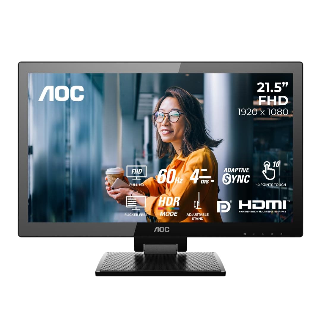 AOC 22P2T 21.5" FHD VA Touch Monitor, 10-Point Capacitive Touchscreen, 75Hz, HDMI/DP/DVI Ports, USB 3.2 Fast Charge, HDR Mode, Built-in Speakers, IP65...