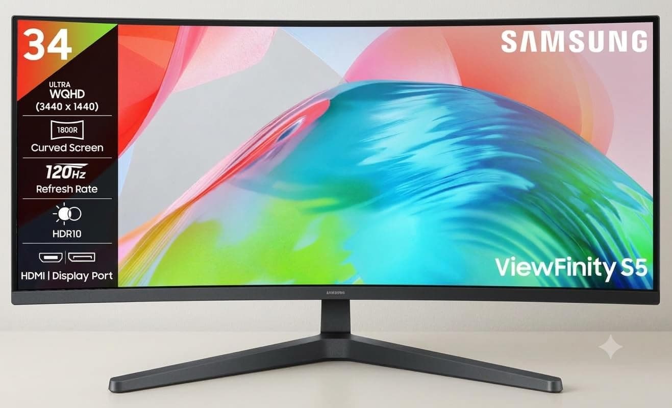 Samsung 34" (86.4cm) ViewFinity S5 Curved Monitor|Ultrawide WQHD 3440 X 1440|120hz|SRGB 99%|300nits|PIP|PBP|HDR10|FreeSync...