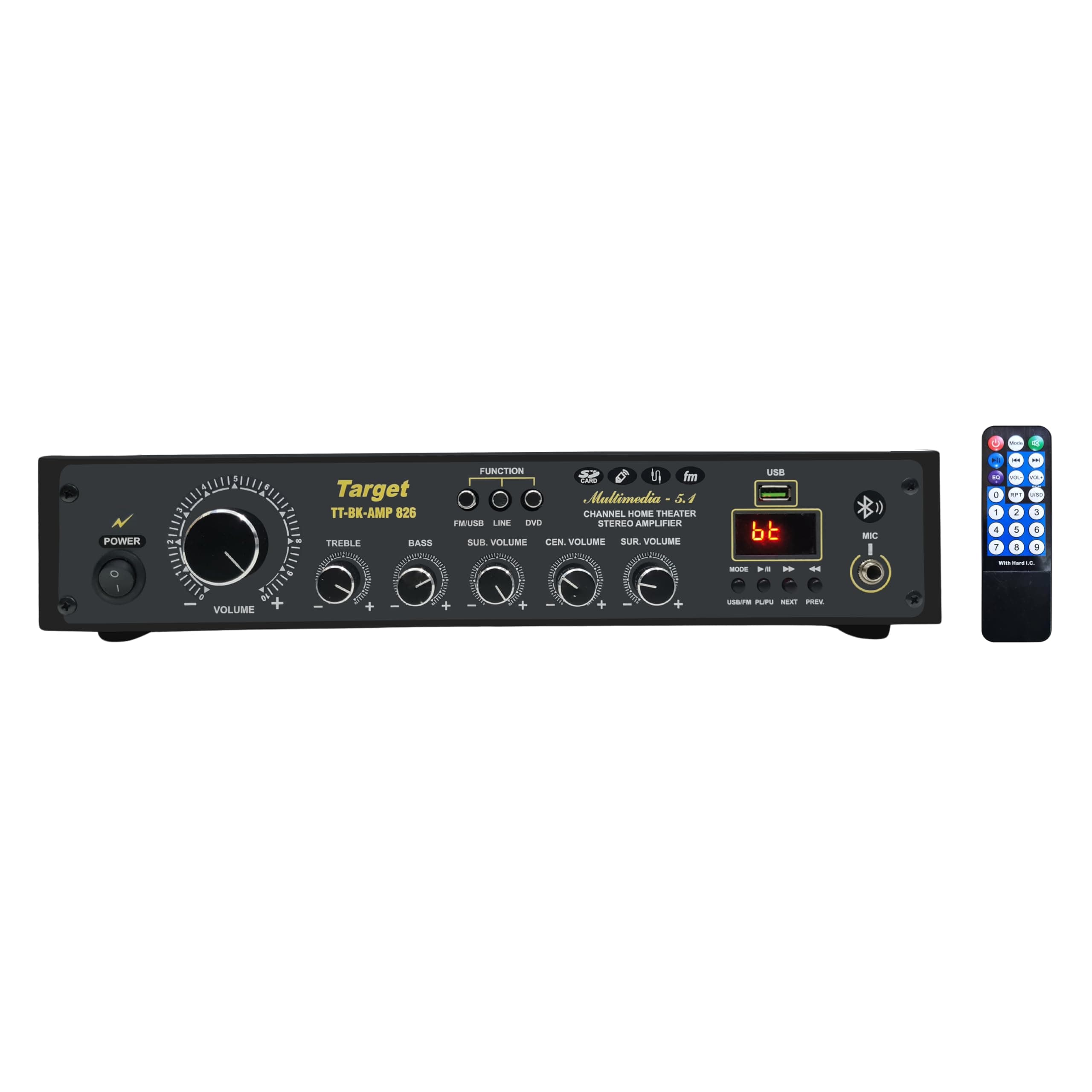 TARGET TT-BK-AMP 826 Amplifier RMS 300 Watts 5.1 Channel Surround Six Tracks Stereo Amplifer Usb, Bluetooth, Av, MIC