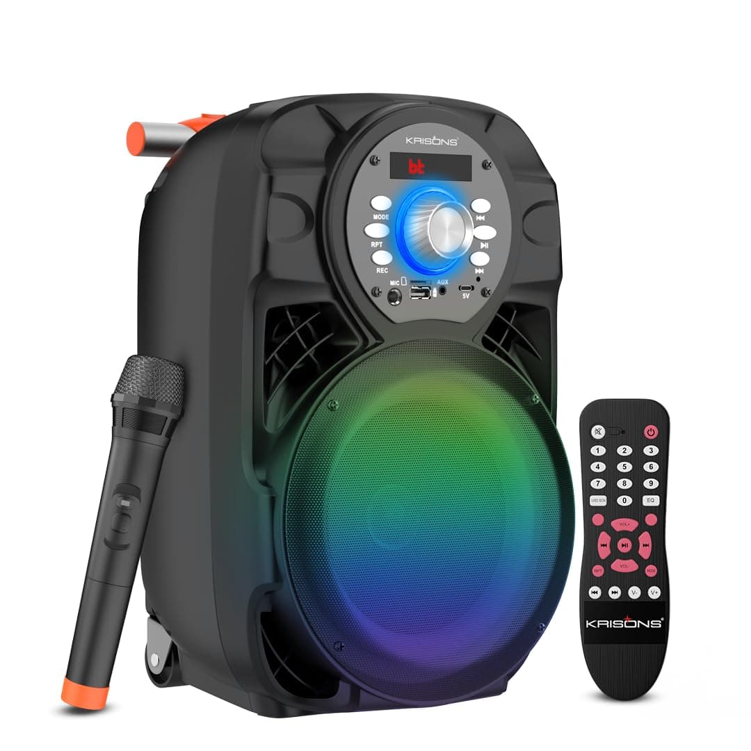 Krisons Star 100W Bluetooth Party Speaker with Built In wheels, Immersive Visual Display, Personalized Karaoke, Push Control - Volume, bass, treble an...