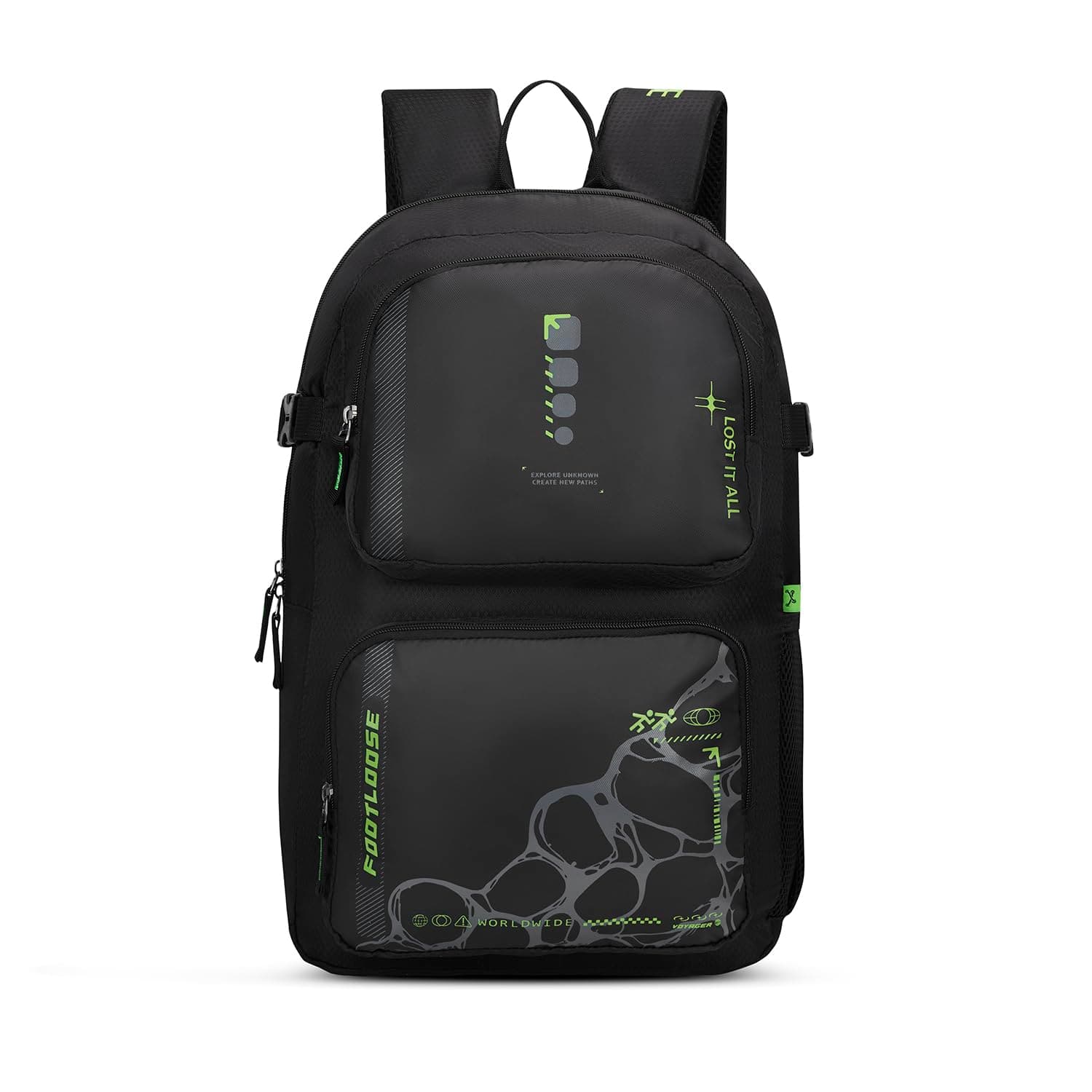 FOOTLOOSE by VIP Kinetic 30L Laptop Backpack (15.6"), 2 Compartments, Black | Front & Side Pockets, Premium Fabric& Zipper, Padded Straps, Travel/ Casual/ Office/College Bag, Unisex, 1-Yr Global Warranty