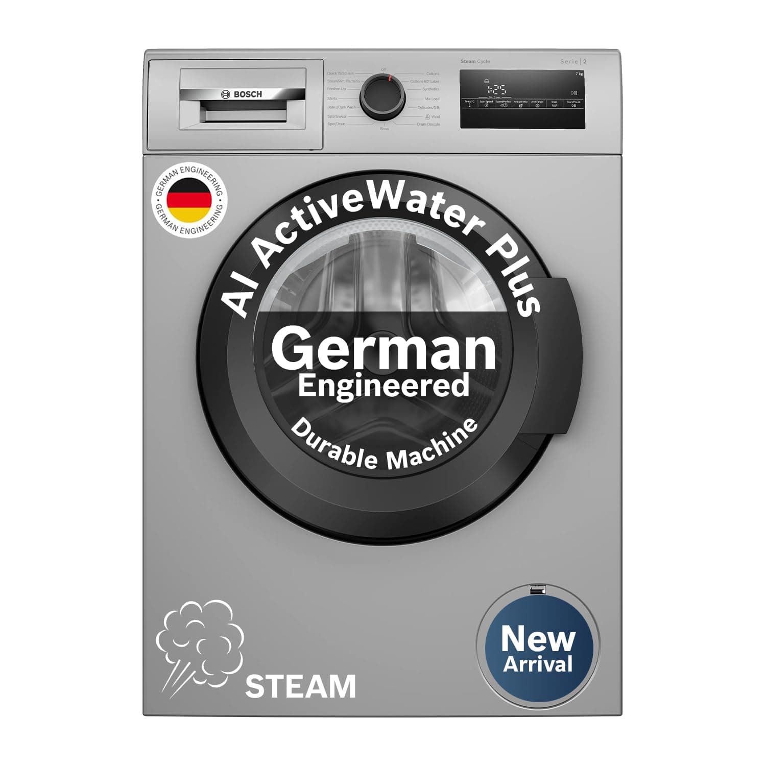 Bosch 7 kg 5 Star Fully-Automatic Front Loading Washing Machine (WAJ24266IN, Silver, AI active water plus, In-Built Heater)