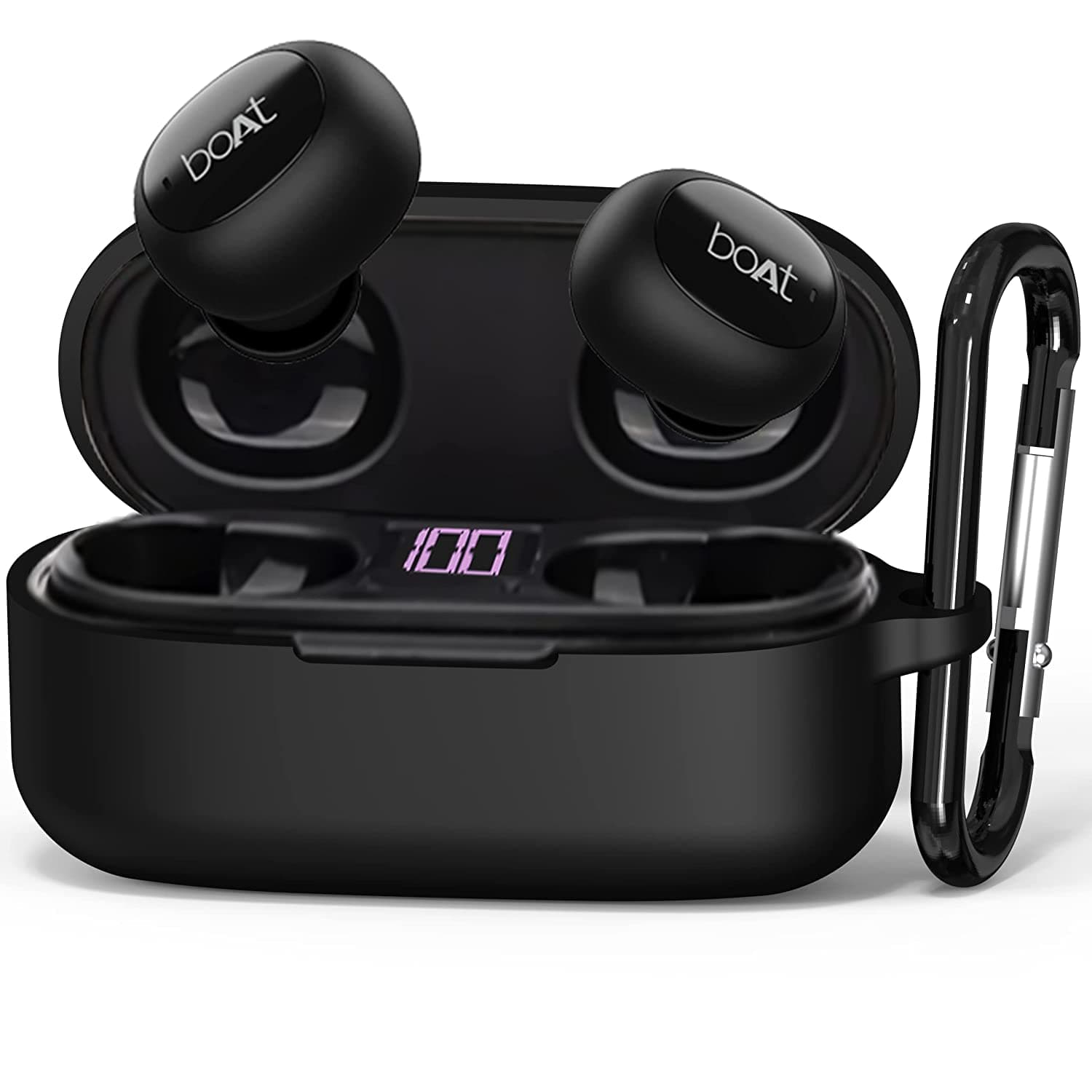 Sounce Silicone Protective Case Cover for Boat Airdopes 121V2, Anti Fall Anti Dust, with Hook Earphone Case – Black
