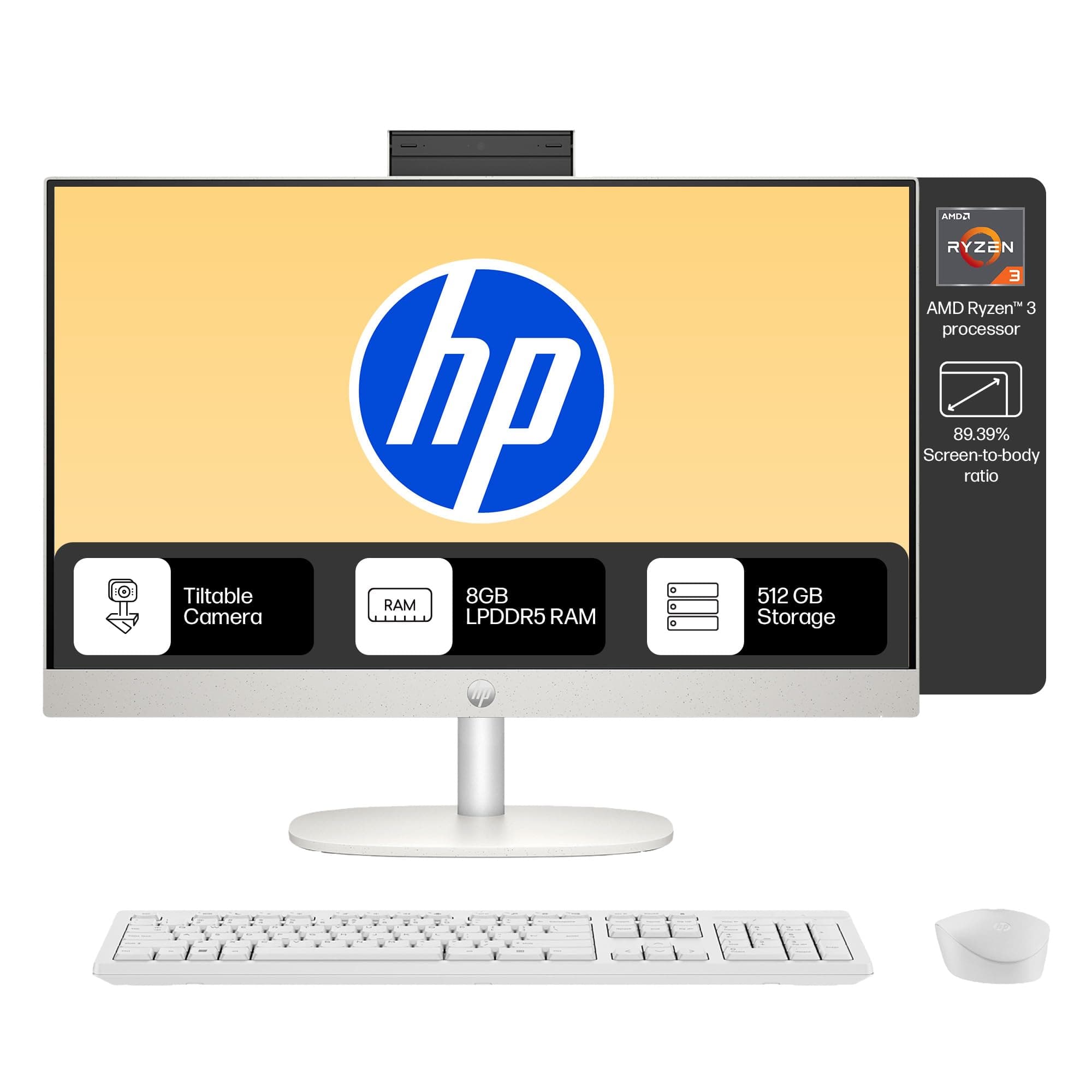 HP All-in-One 24, AMD Ryzen 3 7320U,8GB LPDDR5, 512GB SSD (Win11,Office24,White) Anti-Glare, FHD, 23.8inch(60.5 cm), 510SP White Wireless Keyboard and...