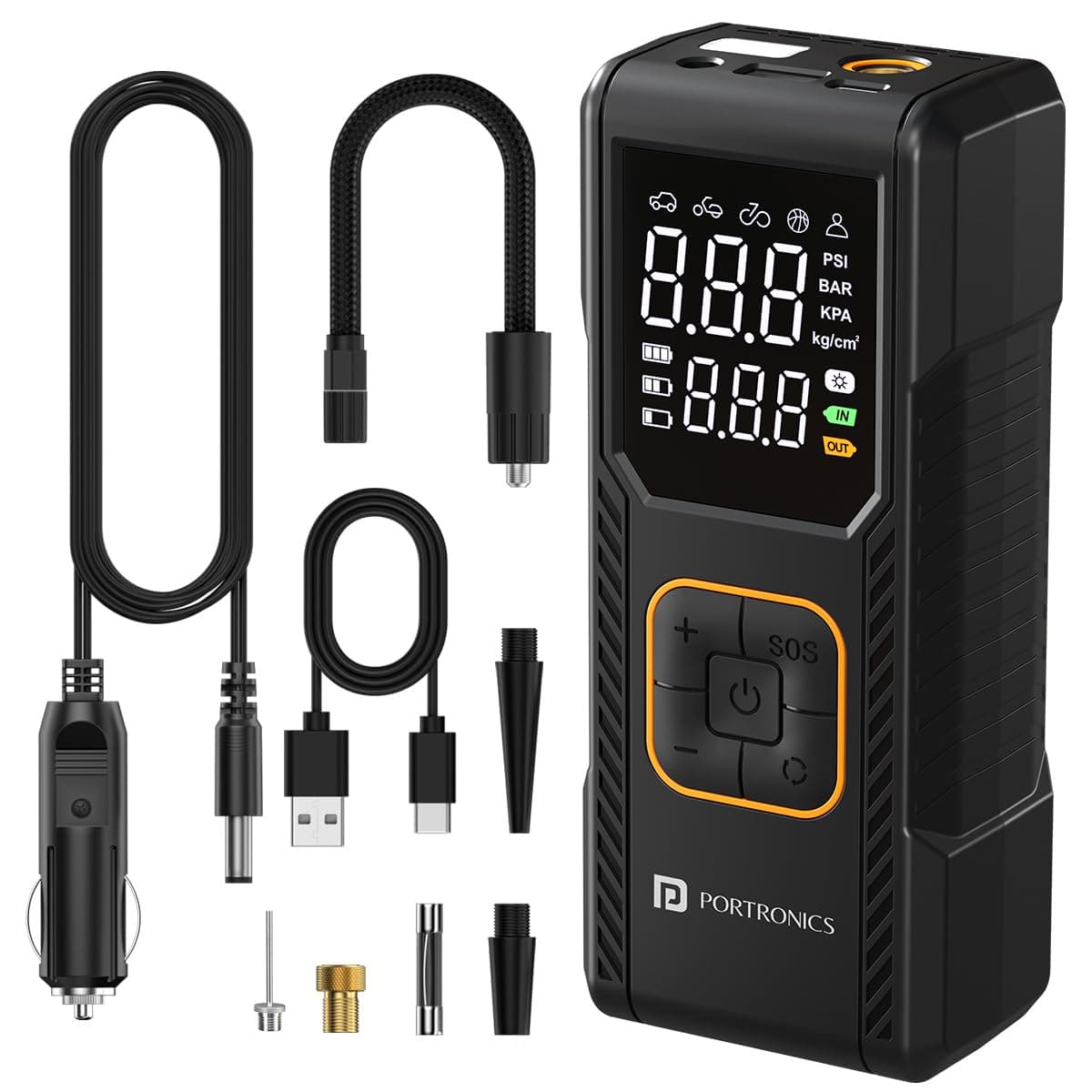 Portronics Vayu 9.0 Portable & Rechargeable Tyre Inflator with 2-in-1 Cordless & Corded Modes, 32000 mAh Battery, LED Display, Auto Shut-Off, Type-C F...