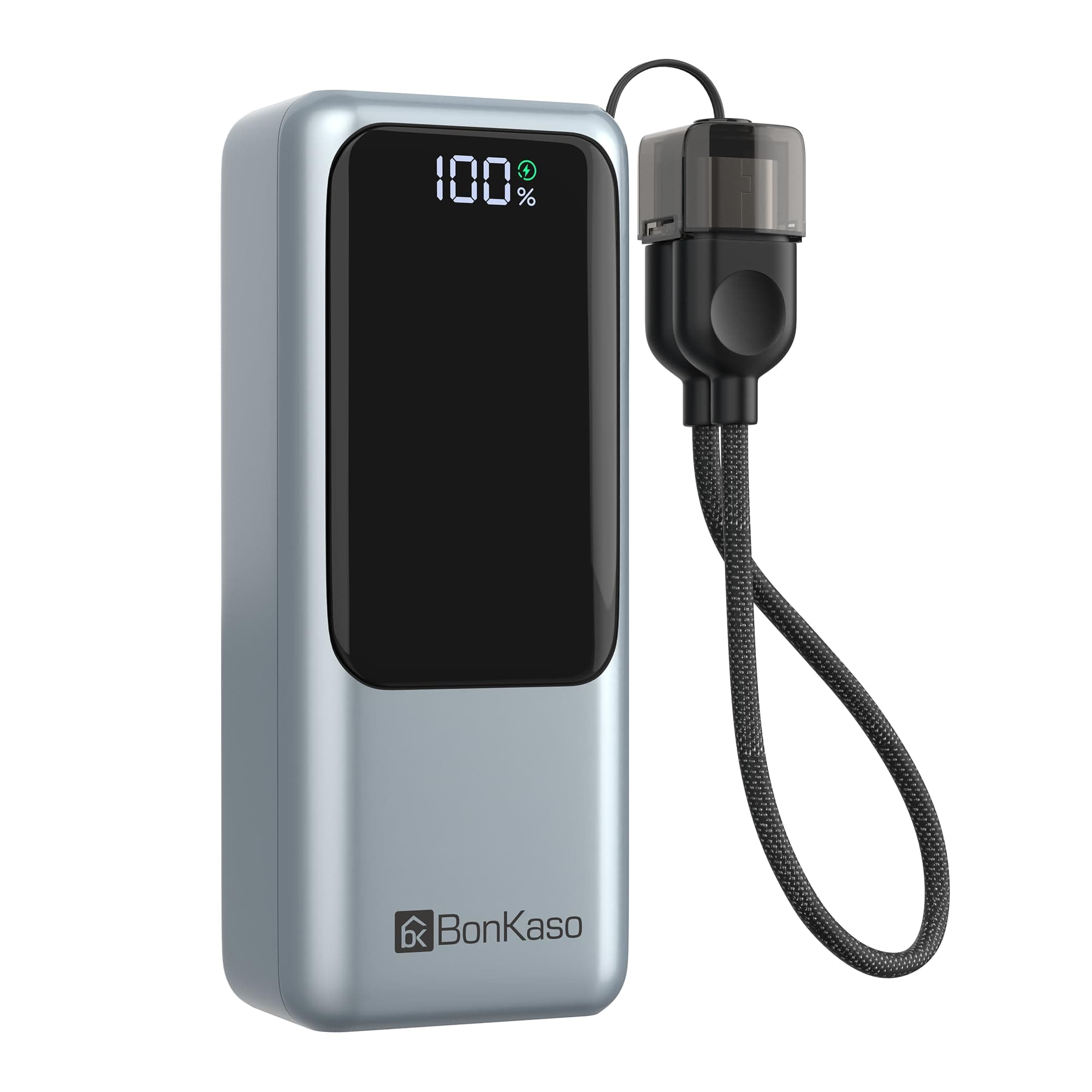 Bonkaso 10000mAh 22.5W PD Power Bank with Inbuilt Type-C to Type-C Cable, Digital Display, USB-A & Type-C Output, Compact Metallic Grey Portable Charger for Mobiles, Tablets & Type-C Devices