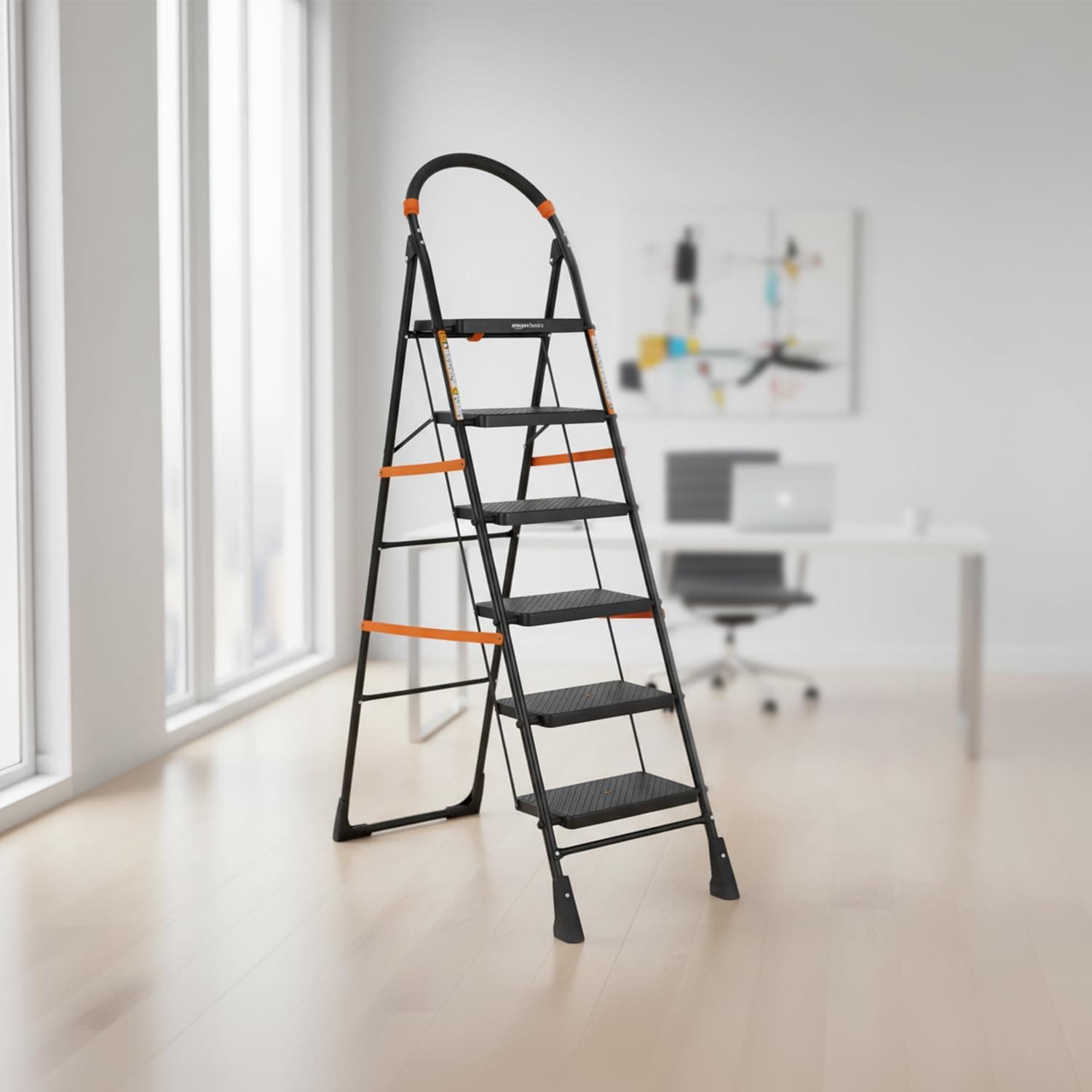 AmazonBasics Clamber - Foldable Step Ladder, Safety-Clutch Lock, Ribbed Steps, Knee Guard, Non-Marring PVC Shoes, 6 Steps (Steel, Black & Orange)