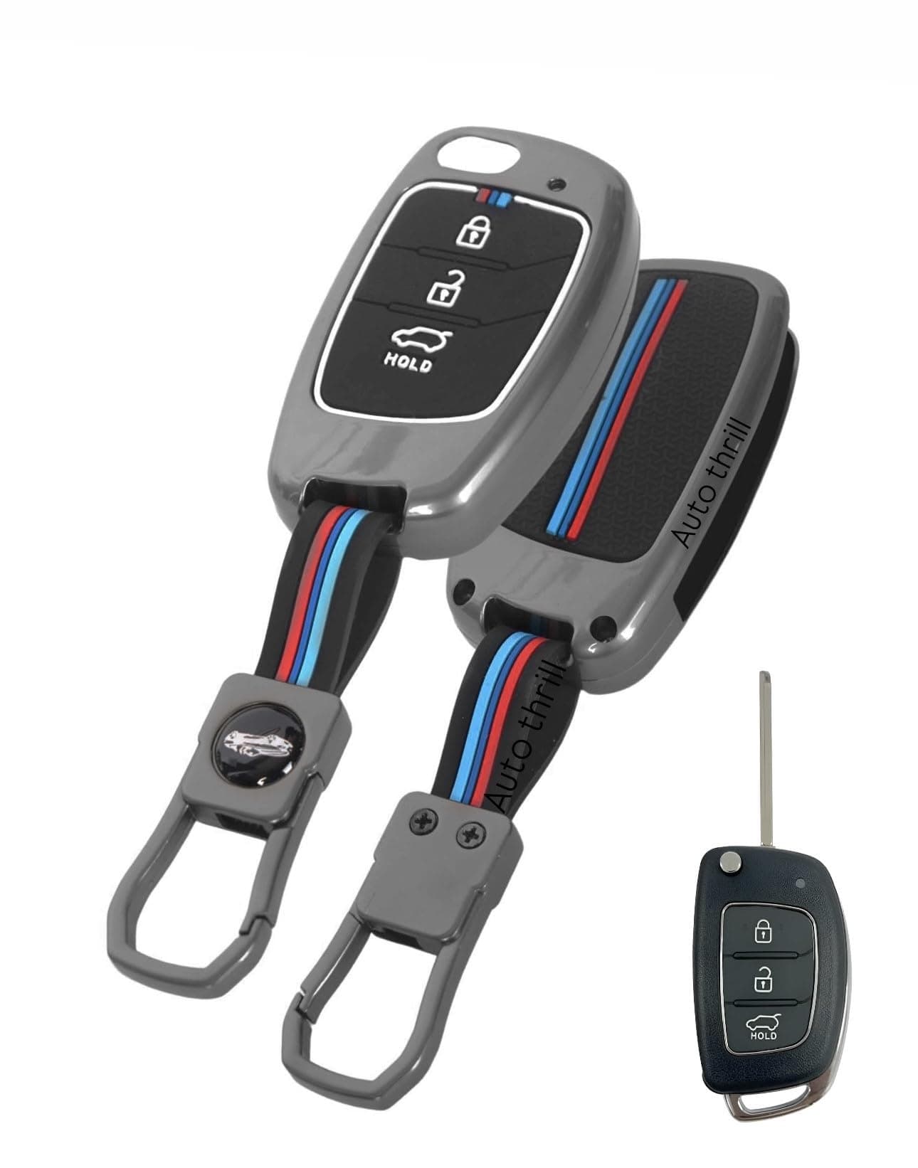 Auto Thrill Premium Metal Silicon Key Cover Compatible with Hyundai i20 | Creta | Venue | Tucson | Alcazar | Verna | Xcent | Aura | Elantra | 3 Button...