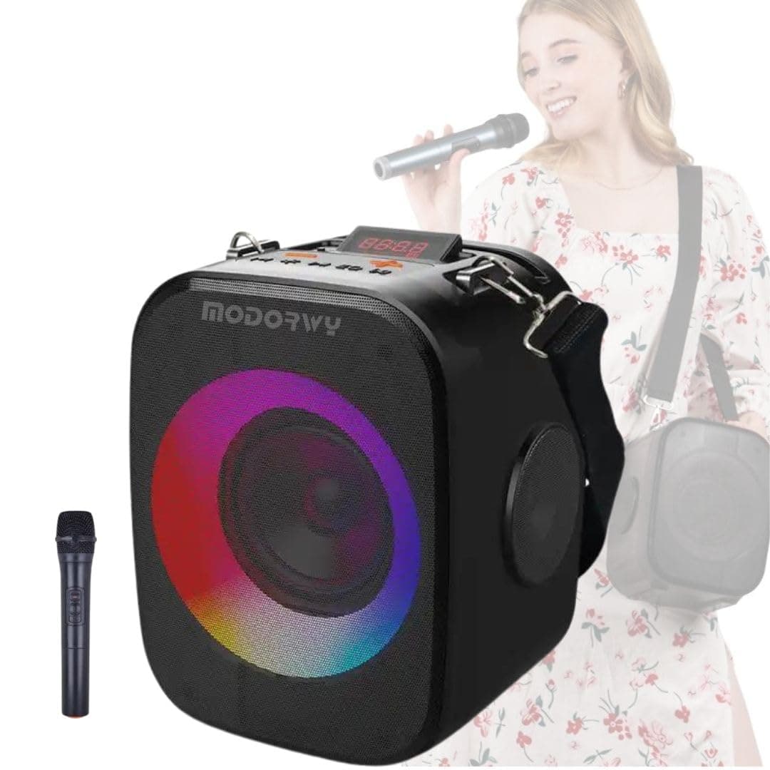 Modorwy MF1107 Wireless Bluetooth Party Speaker | 30W Loud Stereo XBass Sound with LED Light Show | 6hrs Playtime | Karaoke UHF Wireless Mic | Type C ...