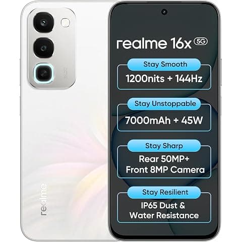 realme 16x 5G Smartphone 6+256GB White | 7000mAh Battery, 45W SuperVOOC, 6.8inch Screen, 144Hz Display, Rear 50MP+Front 8MP Camera, MediaTek Dimensity 6300, IP65