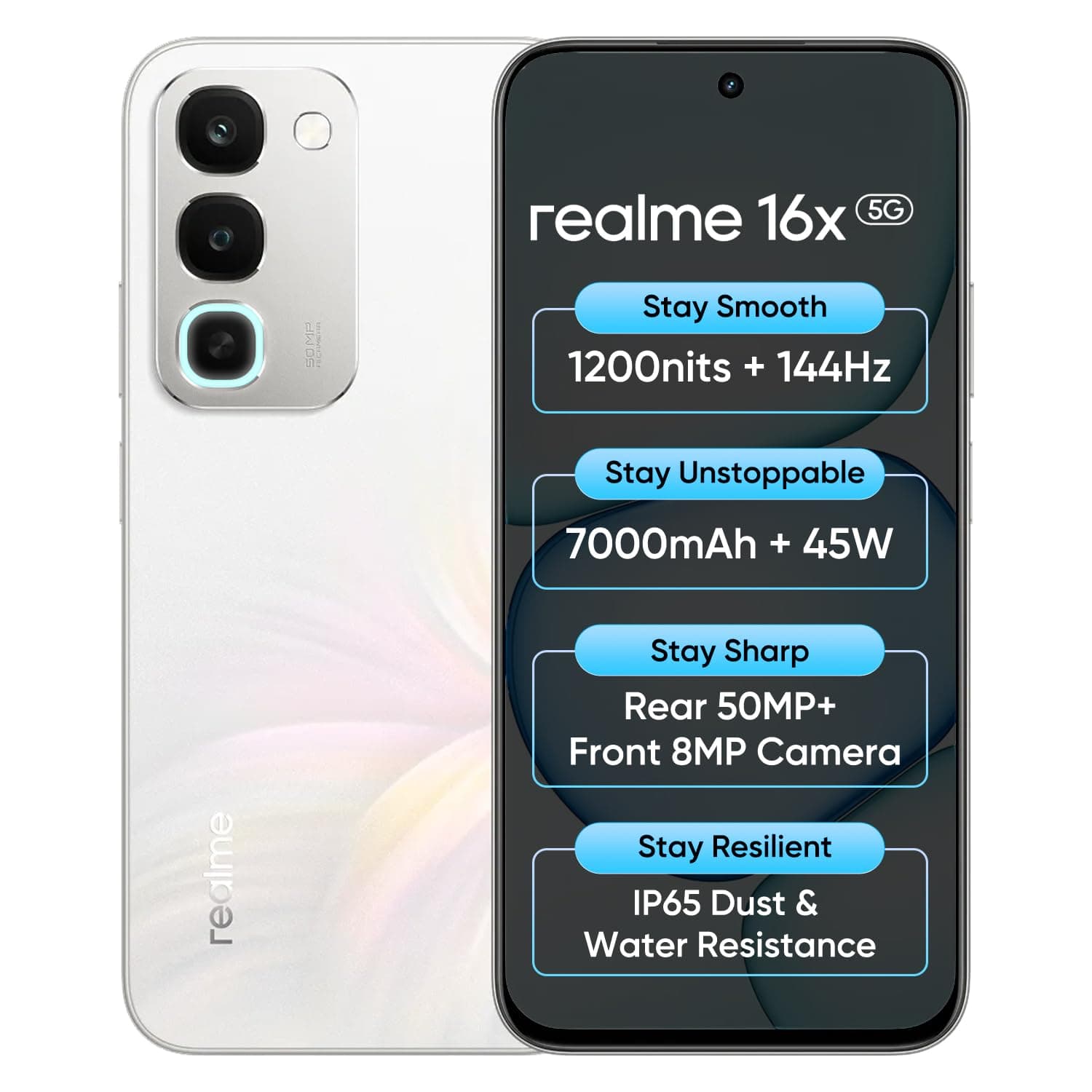 realme 16x 5G Smartphone 6+128GB White | 7000mAh Battery, 45W SuperVOOC, 6.8inch Screen, 144Hz Display, Rear 50MP+Front 8M...