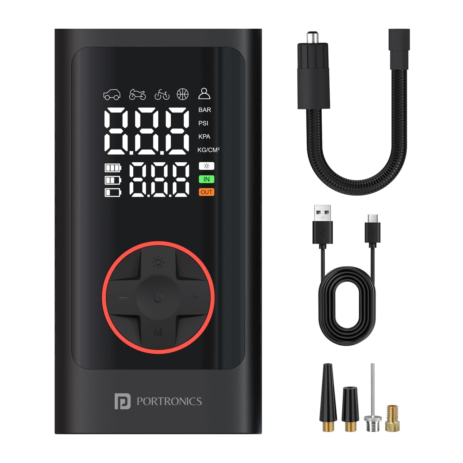 Portronics Vayu 7.0 Tyre Inflator, Full-Size Digital Display, 4000 mAh Battery, 150 PSI Pressure, Preset Modes, Flashlight with SOS, Pressure Detectio...