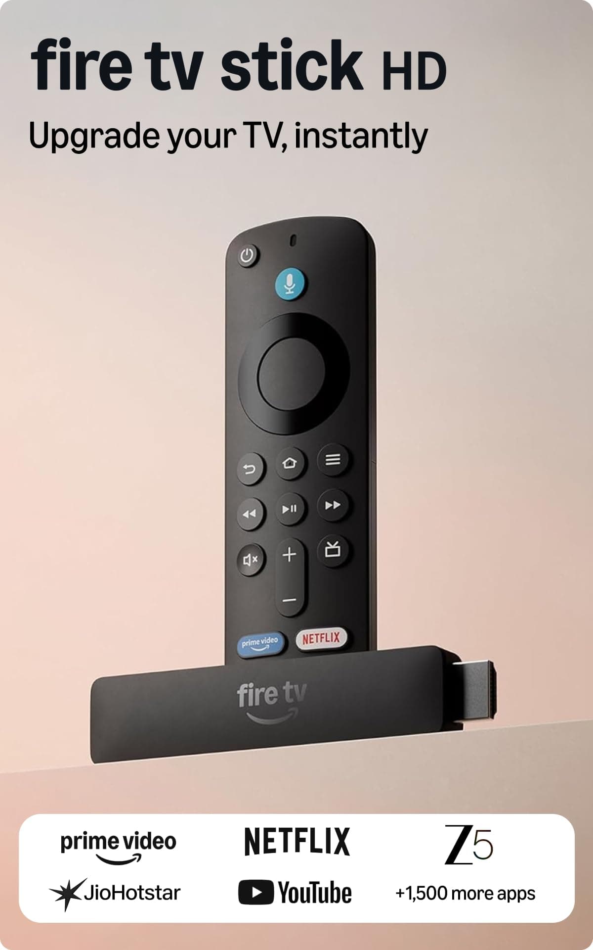Amazon Fire TV Stick HD (newest model), our fastest HD stick yet, 1,500+ apps, Alexa Voice Remote, directly powered by your TV