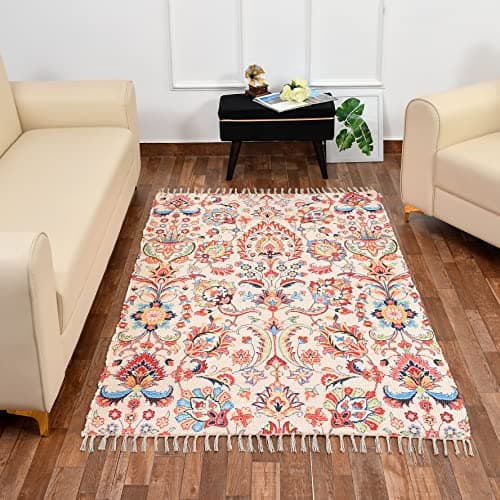 HOMA DORN Homadorn Handmade Sustainable Printed Modern Dhurrie / Rugs / Carpet Recycled Fabric for Living Room / Bedside Runner for Enhanced Decor (2 feet x 3 feet, Cream Floral)