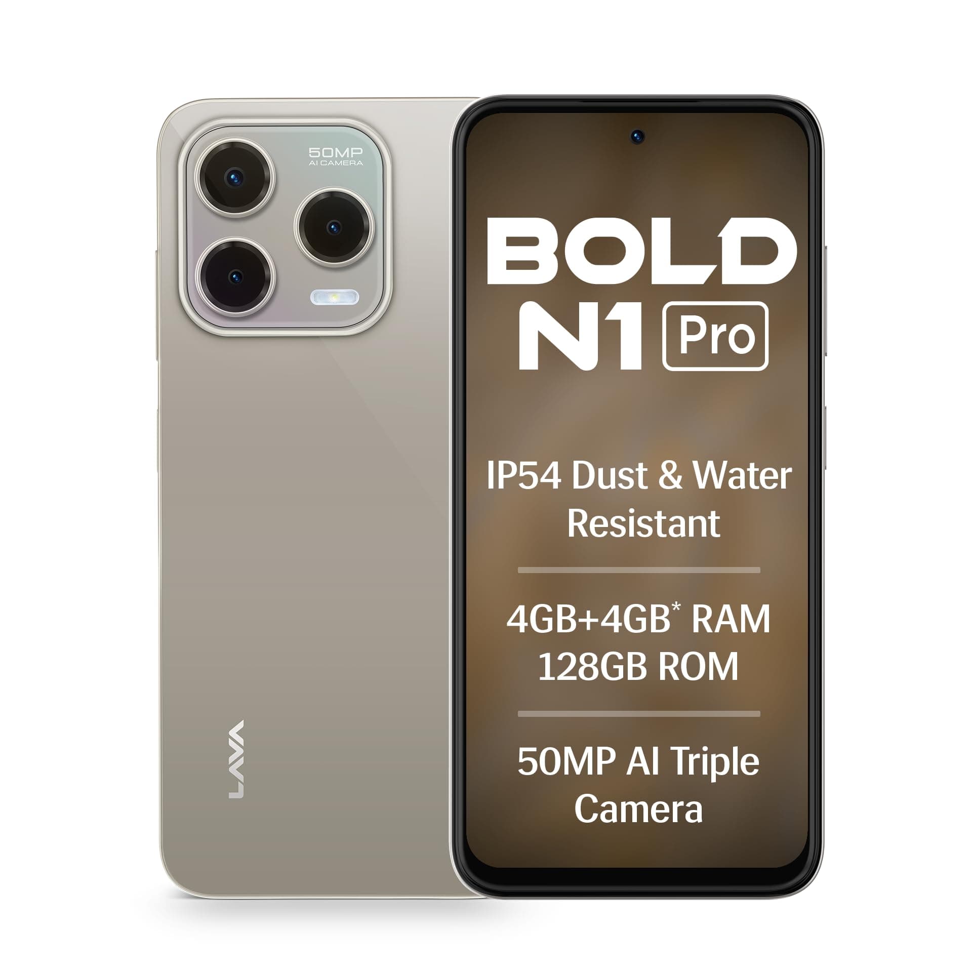 Lava Bold N1 Pro (Titanium Gold, 4 GB RAM, 128 GB Storage)| Bigger 6.67" HD+ IP54 Display | 120 Hz Refresh Rate | 50 MP AI Triple Rear Camera | 8 MP F...