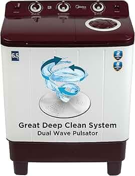 Midea 6.5 KG Semi Automatic Top Loading Washing Machine Appliance, Rust proof Body, Air Dry Function with 1350 RPM (MWMSA065PCH, Maroon White)