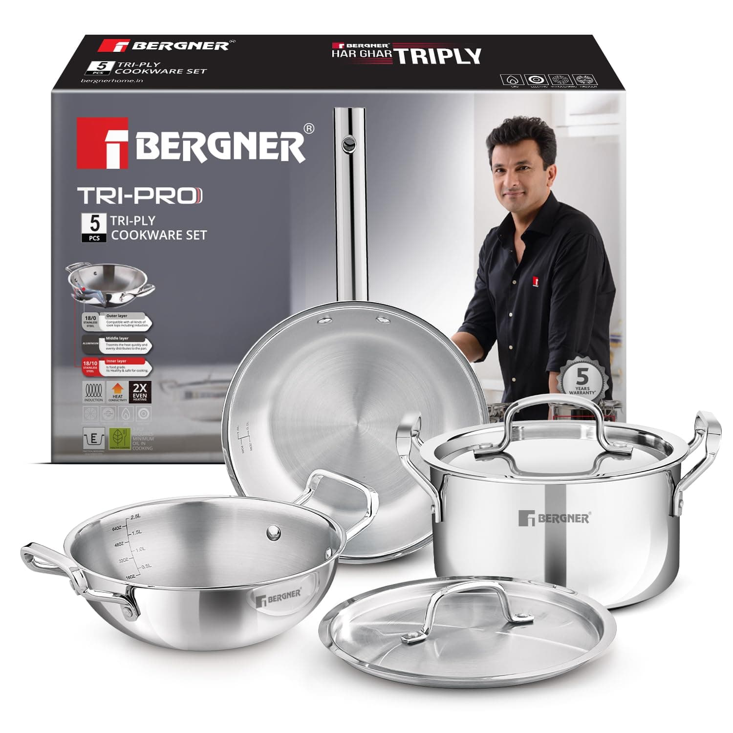 Bergner TriPro 5 Pcs TriPly Stainless Steel Cookware Set of 24cm (3L) Kadai with Lid, 20cm (3.5L) Casserole with Lid/Biryani Pot, 22cm (1.5L) Frypan, ...