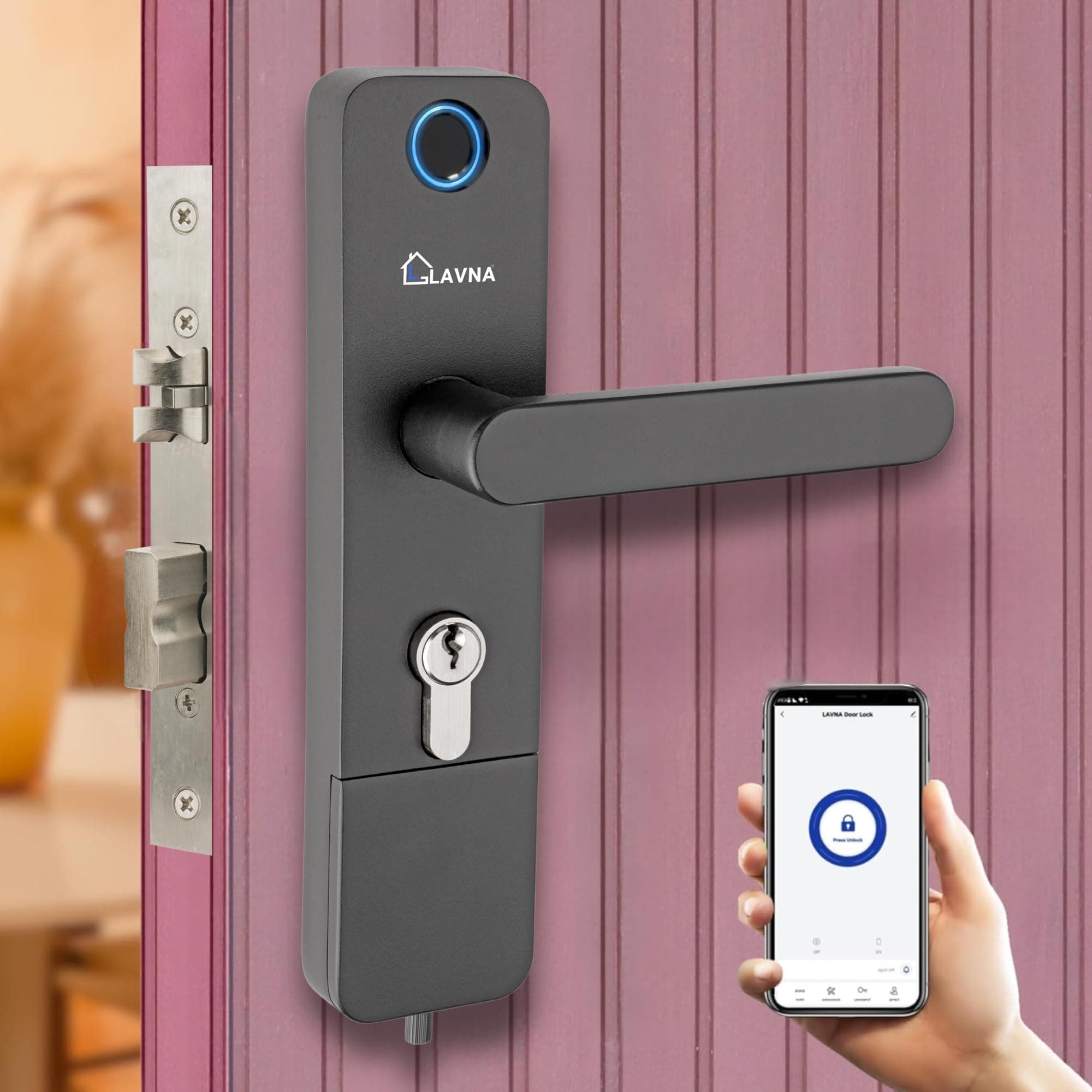 LAVNA Digital Door Lock | 3 Way Access | Fingerprint, Mobile app, Key Access | 2 Locking Bolts | Suitable for 30 mm to 45mm Wooden Door fit with Right...