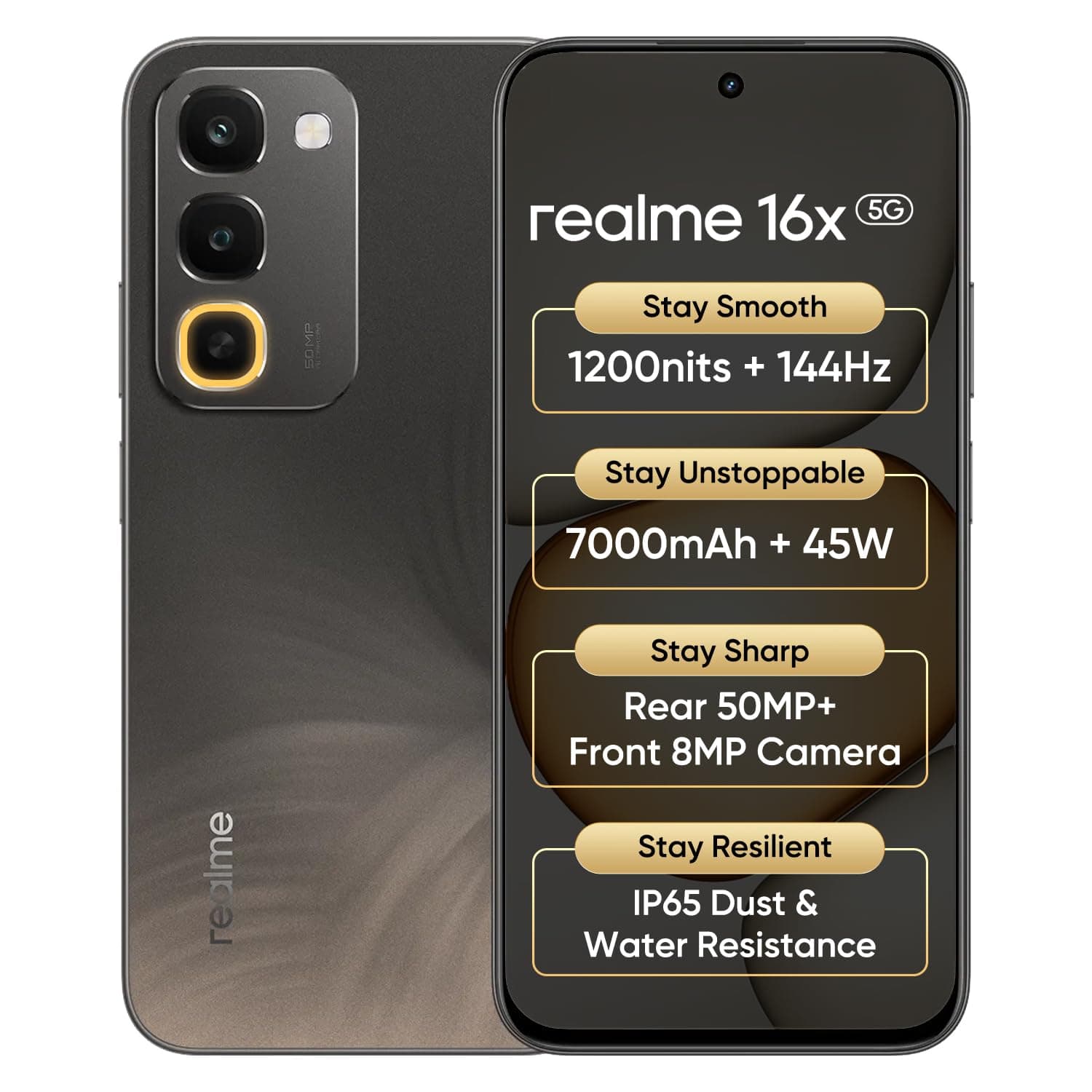 realme 16x 5G Smartphone 4+128GB Brown | 7000mAh Battery, 45W SuperVOOC, 6.8inch Screen, 144Hz Display, Rear 50MP+Front 8MP Camera, MediaTek Dimensity 6300, IP65