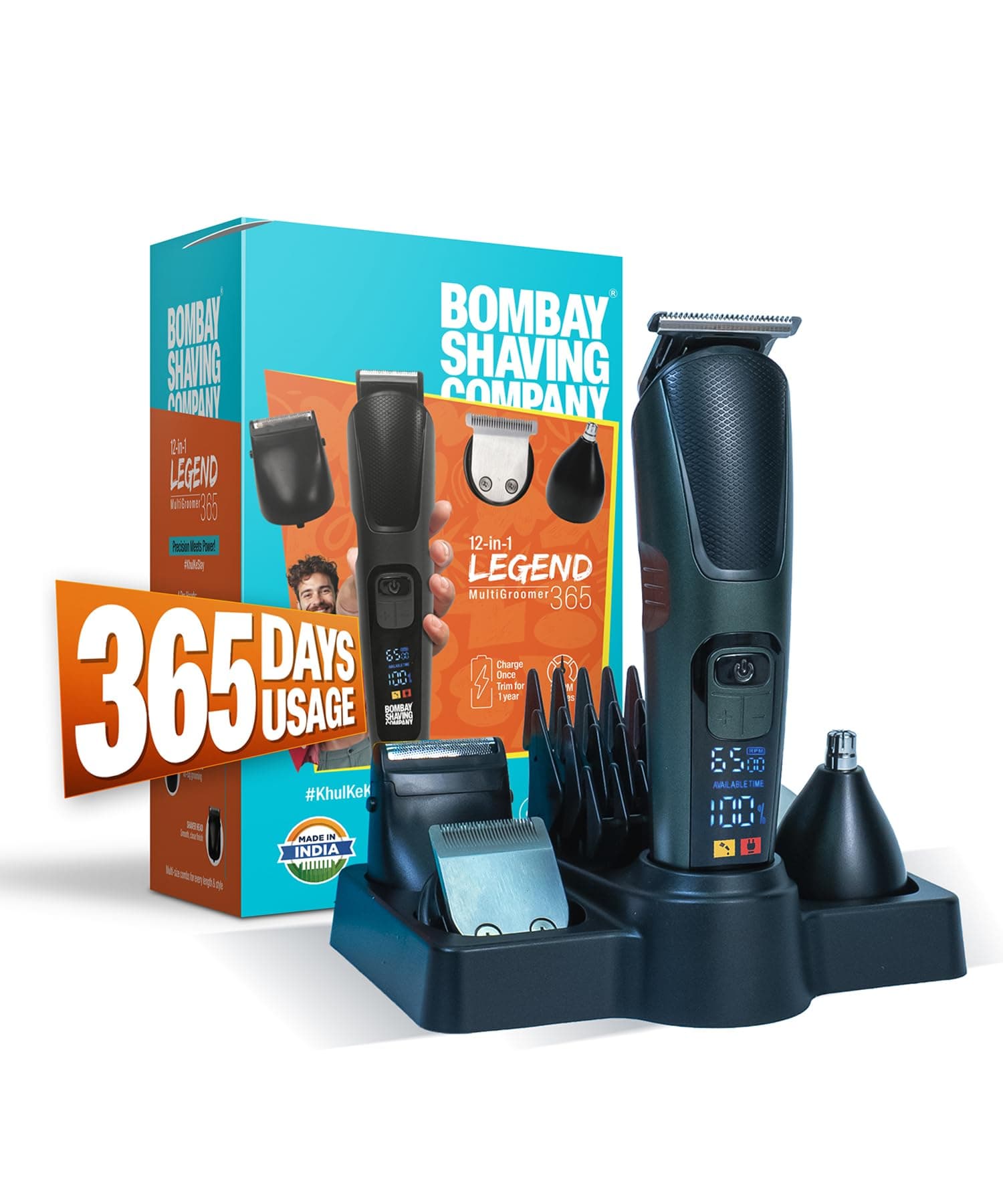 Bombay Shaving Company Legend 365 | 12 in 1 Full Body Trimmer for Men | One Charge For 365 Days Usage | 5 Attachments for Trimming & Shaving | 300 Minutes Nonstop Runtime | Type C | Gift for men | Rechargeable All In One Men Trimmer | 5 Face Nose Ear Hair Blades| Private Part Shaving Body Groomers I