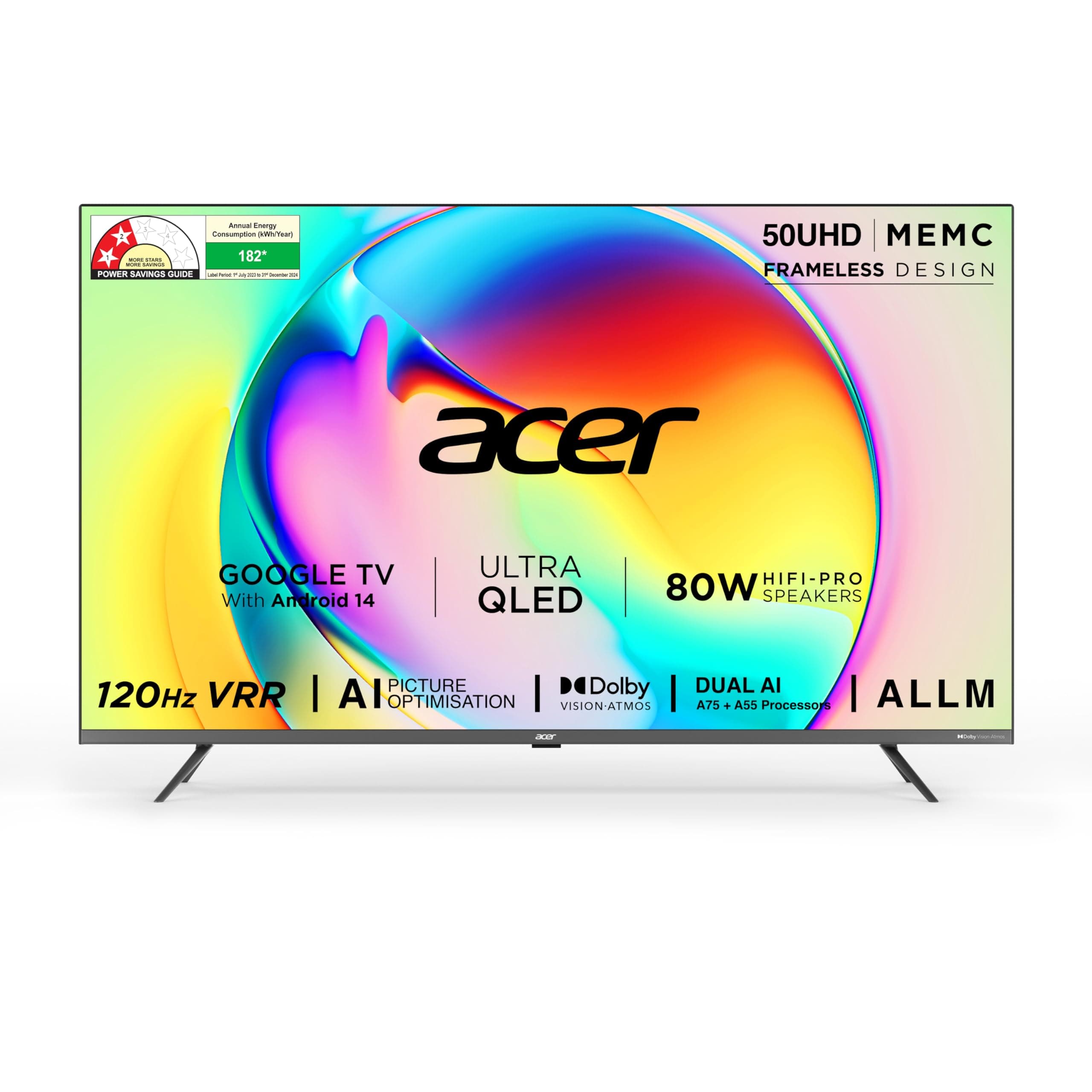 Acer 126 cm (50 inches) Super Series 4K Ultra HD Smart QLED Google TV AR50QDXGU2875AT (Black) 2024 Model
