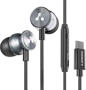 AMBRANE Type-C Wired Earphones, 14mm Bass Drivers, Inline Controls for Type C Smartphones, iPhone 15 & Laptop, 1.2m Braided Anti Tangle Wire, Metal Al...