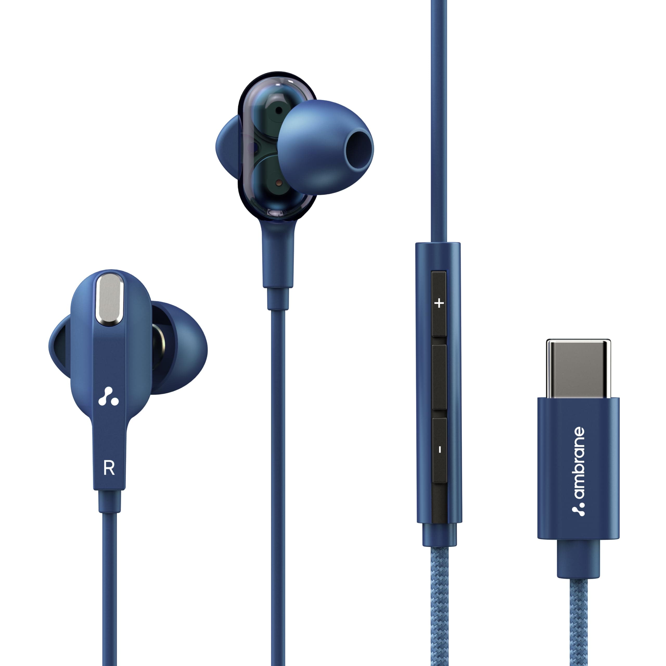 Ambrane Type C Wired Earphones with Mic, Dual Dynamic Drivers, Hi-Fi Stereo Sound, Deep Bass, in-Ear Earphones for Gaming, Music & Calls, Compatible w...