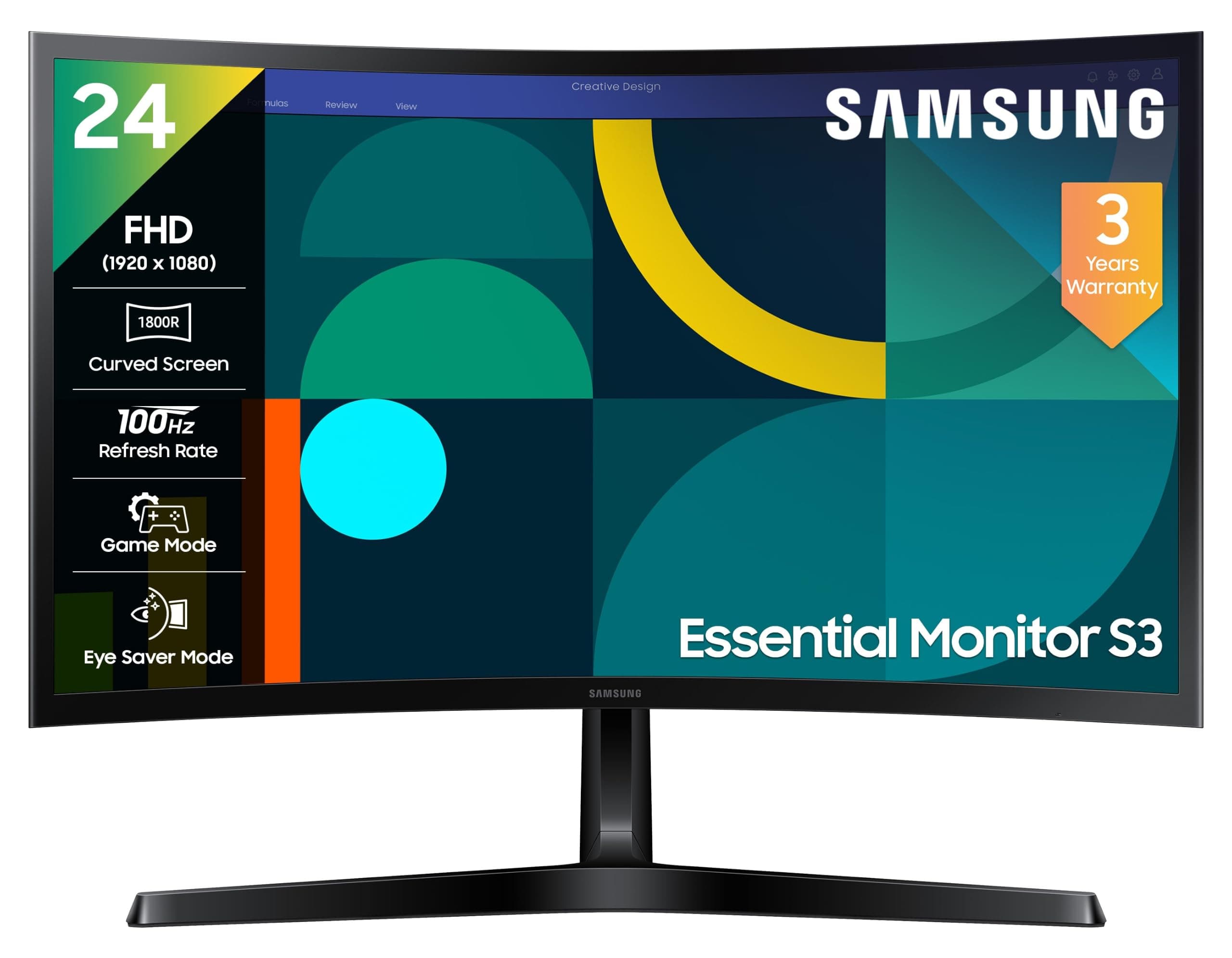 Samsung 24" Curved Monitor|1800R Curved Screen|100Hz|4ms|SRGB 95%|Ports-HDMI,D-Sub,Headphone|Game Mode|EyeSaver Mode|16.7M Color Support|Flicker Free|...