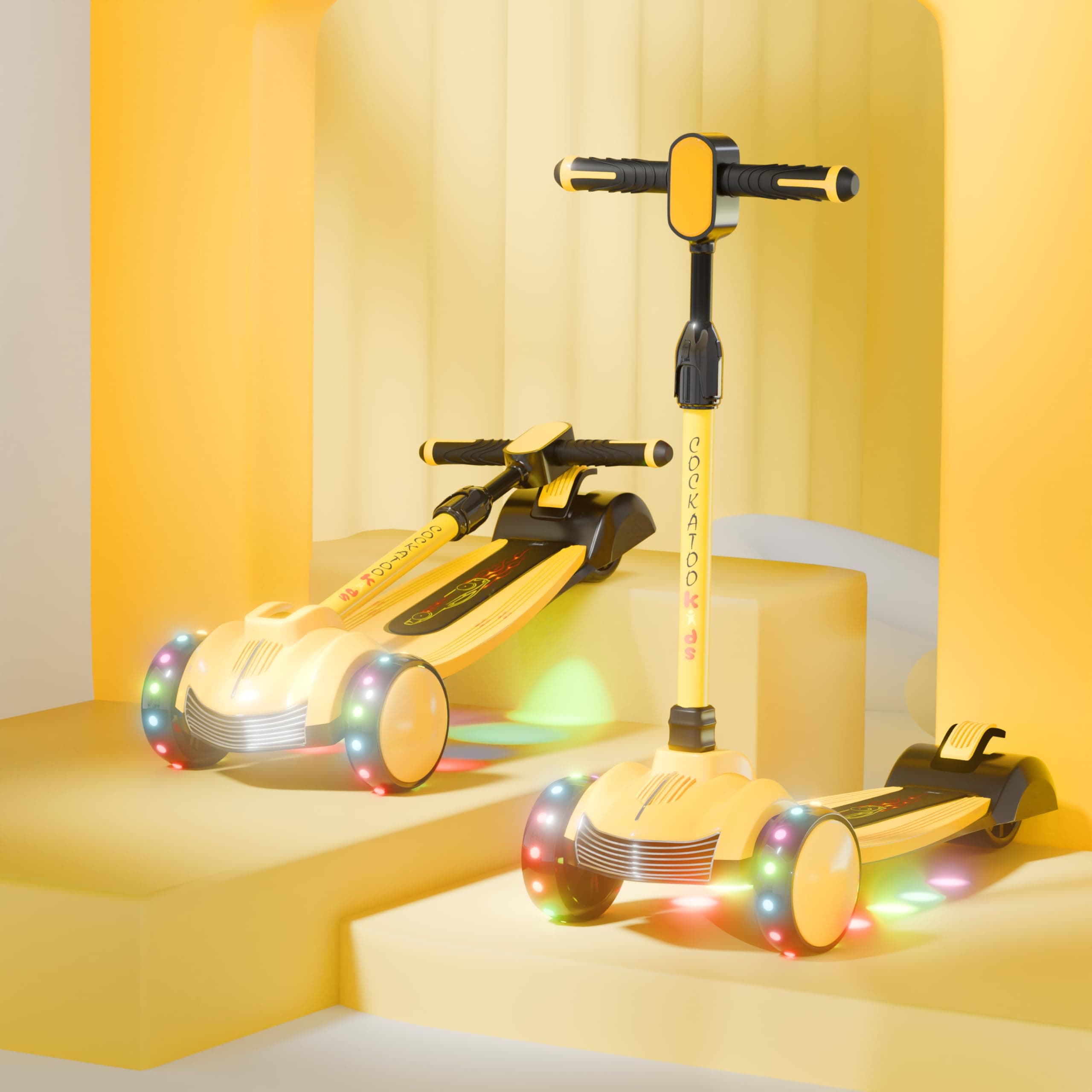Cockatoo Glow Rider Led Kids Scooter, Scooter for Kids 4 Years and Above with Music, Light in Deck and Wheel, Adjustable Height, 48 mm Wheel Size, Max User Weight 100 Kg-Yellow