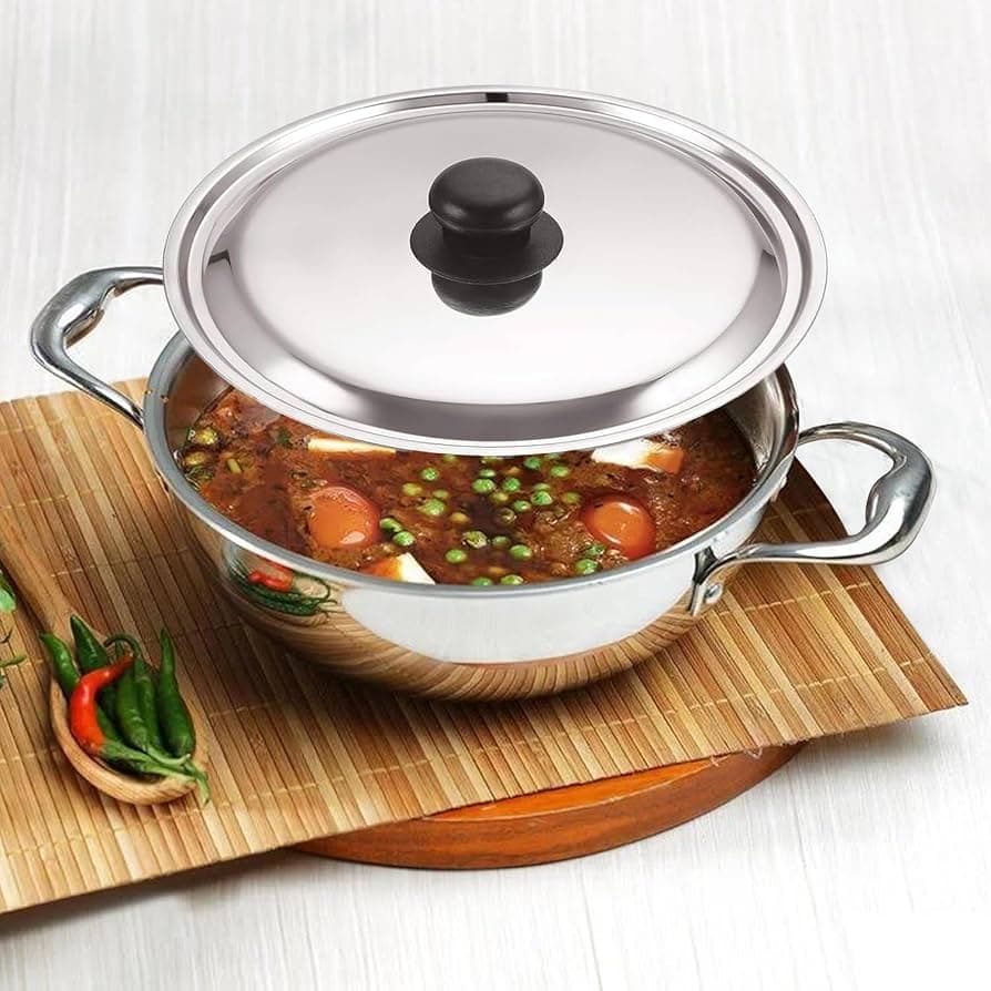 Frenchware Tri-Ply Stainless Steel Extra Deep Kadhai 1.5 litres Capacity (20 cm Diameter), Tri-Ply Stainless Steel Kadai with Stainless Steel Lid - Si...
