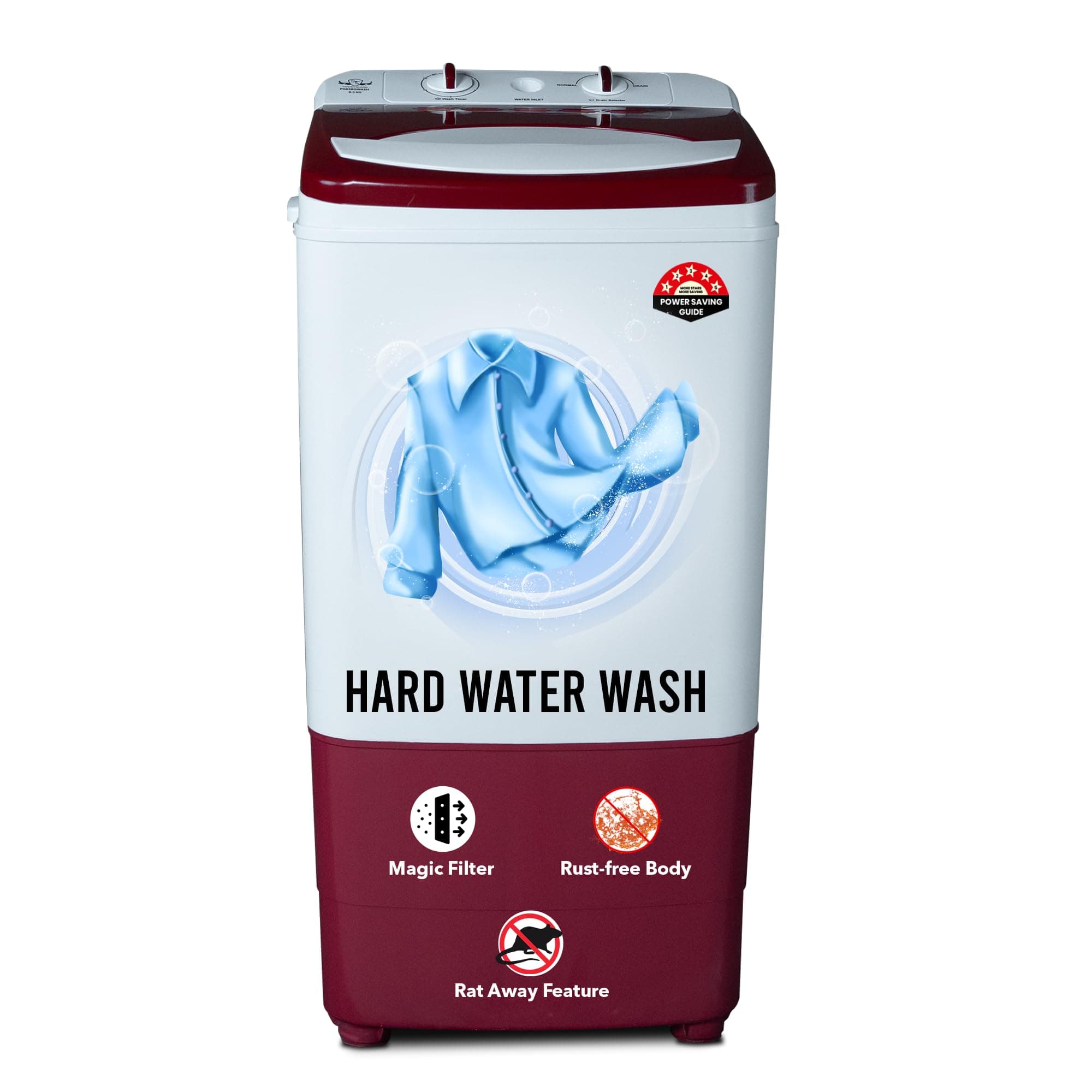 Power Guard 8.5 kg Top Load Washer (360 Smart Wash Technology, PG85BGWASH, Protective Rat Mesh,RED)
