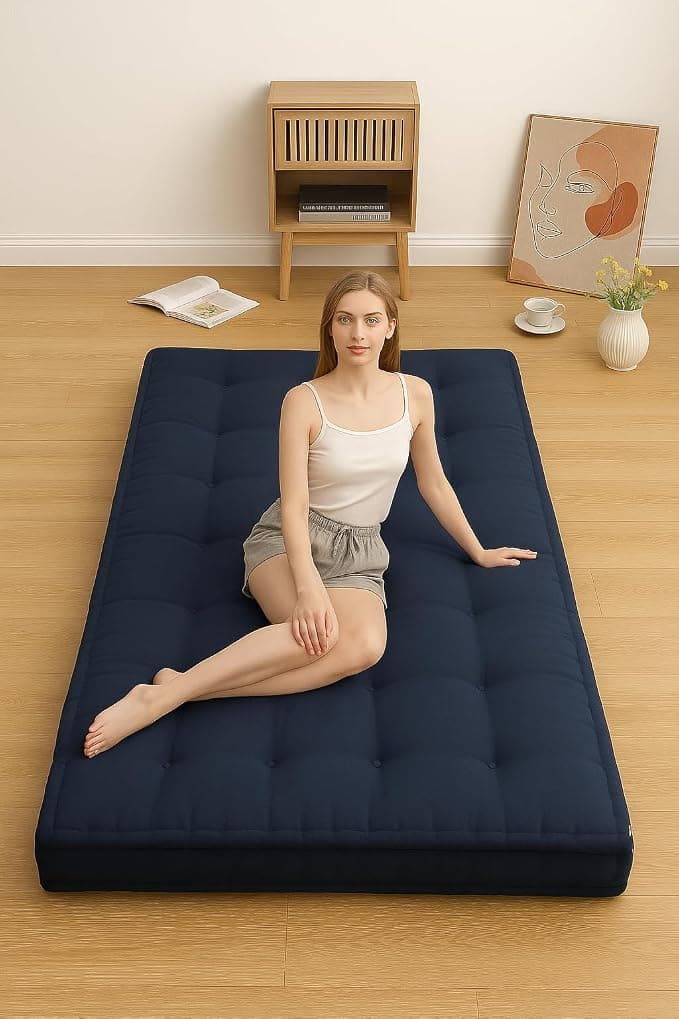 ATOOTFUSION Cotton Floor Box Mattress, 5-Inch Thick, 72X30X5 inches Single Size, Medium Firm, Foldable Rollable Cotton Bed Mattress Sleeping Capacity (Navy Blue)
