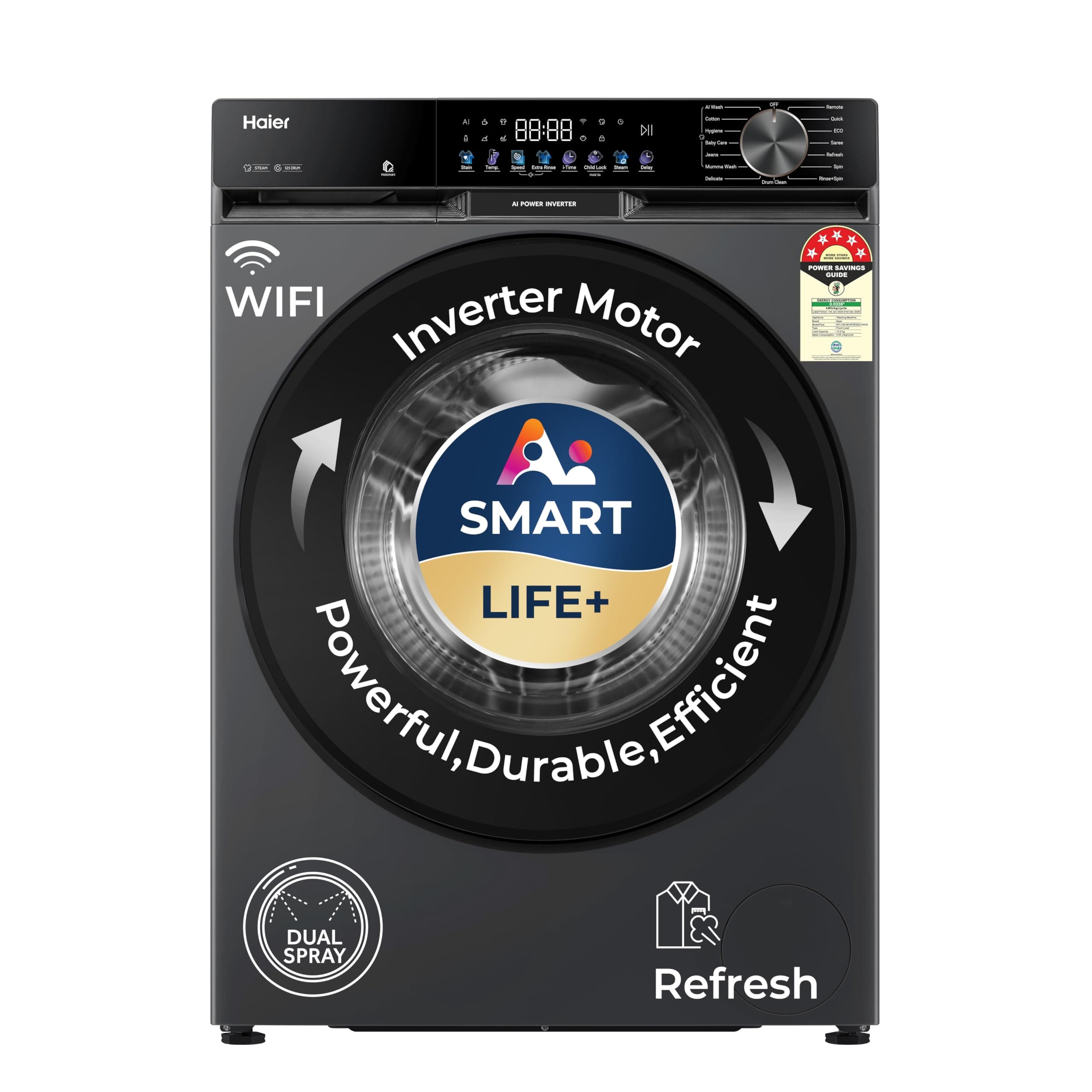 Haier 10Kg,5 Star,AI Smart LIFE+,Vibrant Touch Panel, 525 mm Super Drum, Refresh,WiFi enabled,Fully Automatic Front Load Washer(EFL100-IM14F5ES8U1 | D...