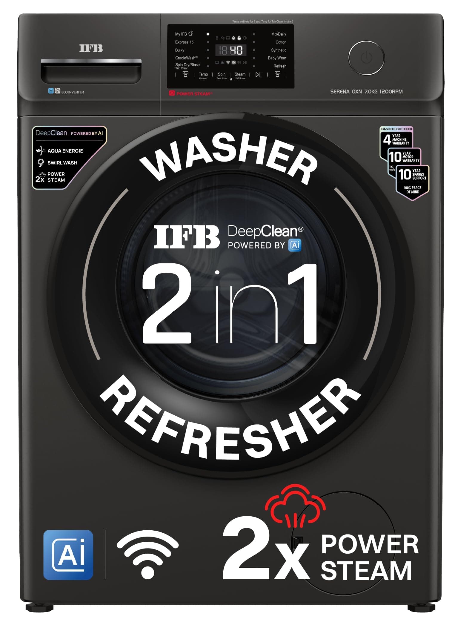 IFB 7 Kg 5 Star, DeepClean® Technology, AI Powered, WiFi, Fully Automatic Front Load Washing Machine (SERENA OXN 7012 CMS, PowerSteam®, 9 Swirl, Steam Refresh, Inbuilt Heater, Eco Inverter, Onyx)